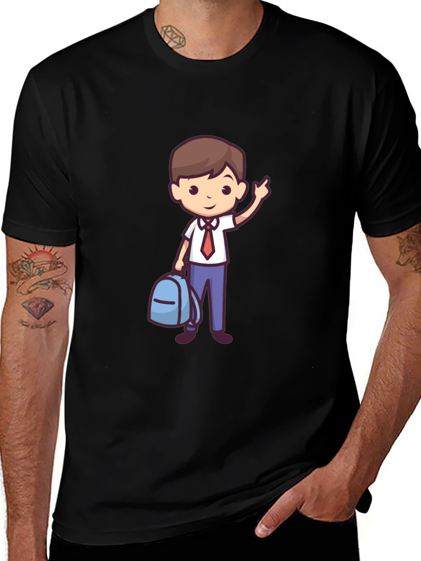 Boy with Backpack Graphic Tee - Classic Black T-Shirt