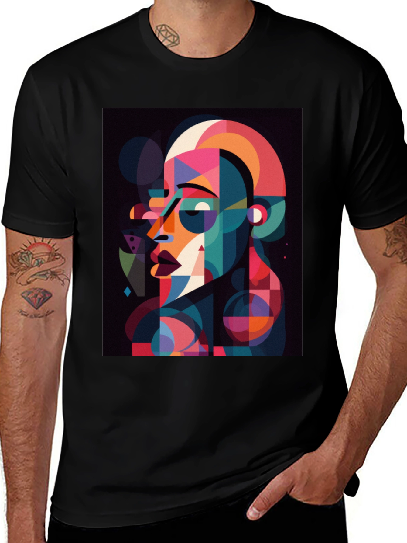 Black Abstract Geometric Face Graphic Black T-Shirt main image