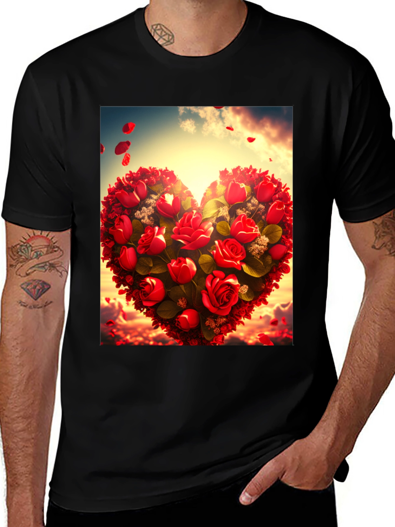 Romantic Rose Heart Graphic Tee - Black