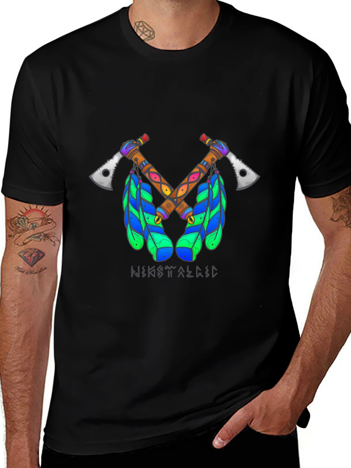 Tribal Axe T-Shirt - Crossed Tomahawks & Feathers