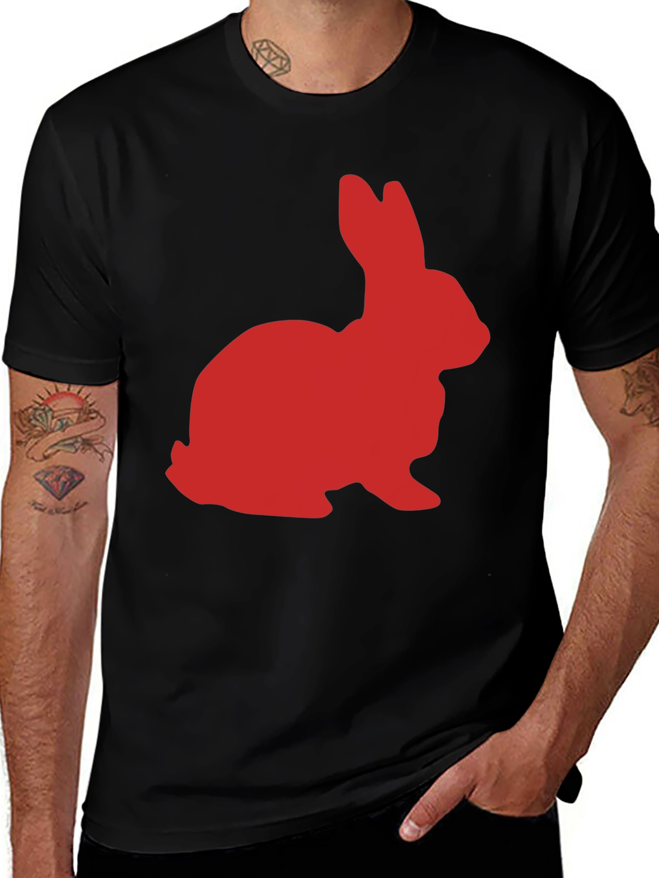 Red Rabbit Graphic Print Black T-Shirt