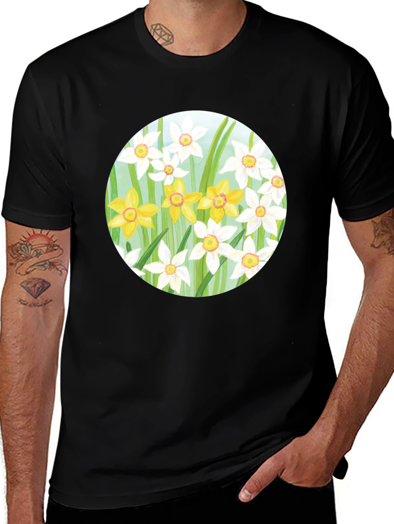 Variant 7 of Floral Daffodil Print Black T-Shirt