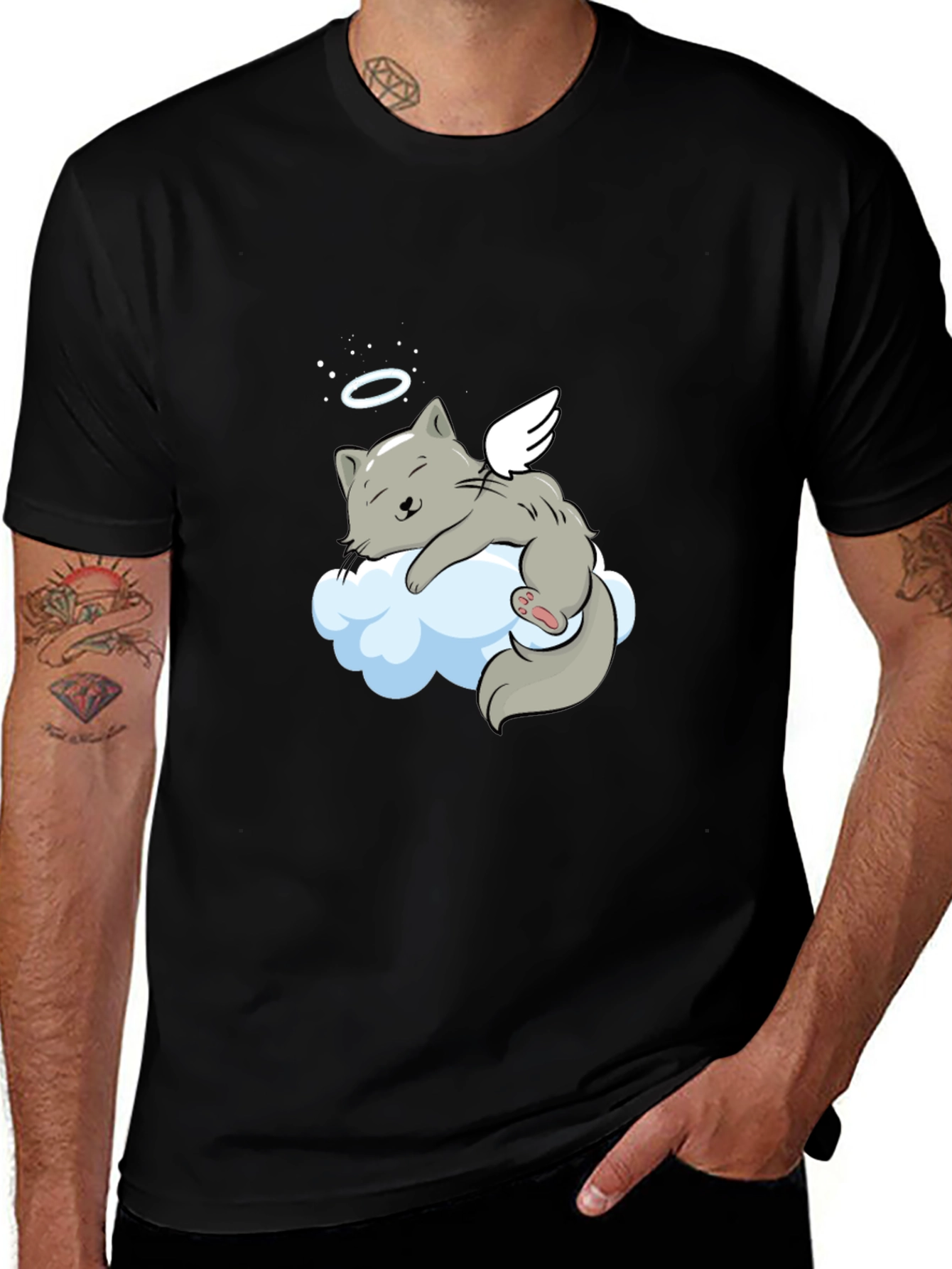 Angel Cat Cloud T-Shirt -  Comfy Black Tee