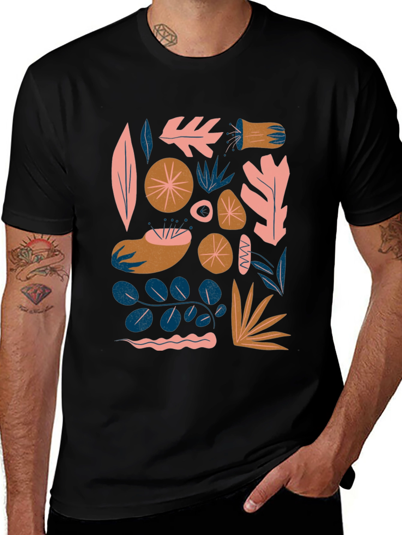 Variant 7 of Modern Abstract Botanical Print Black T-Shirt