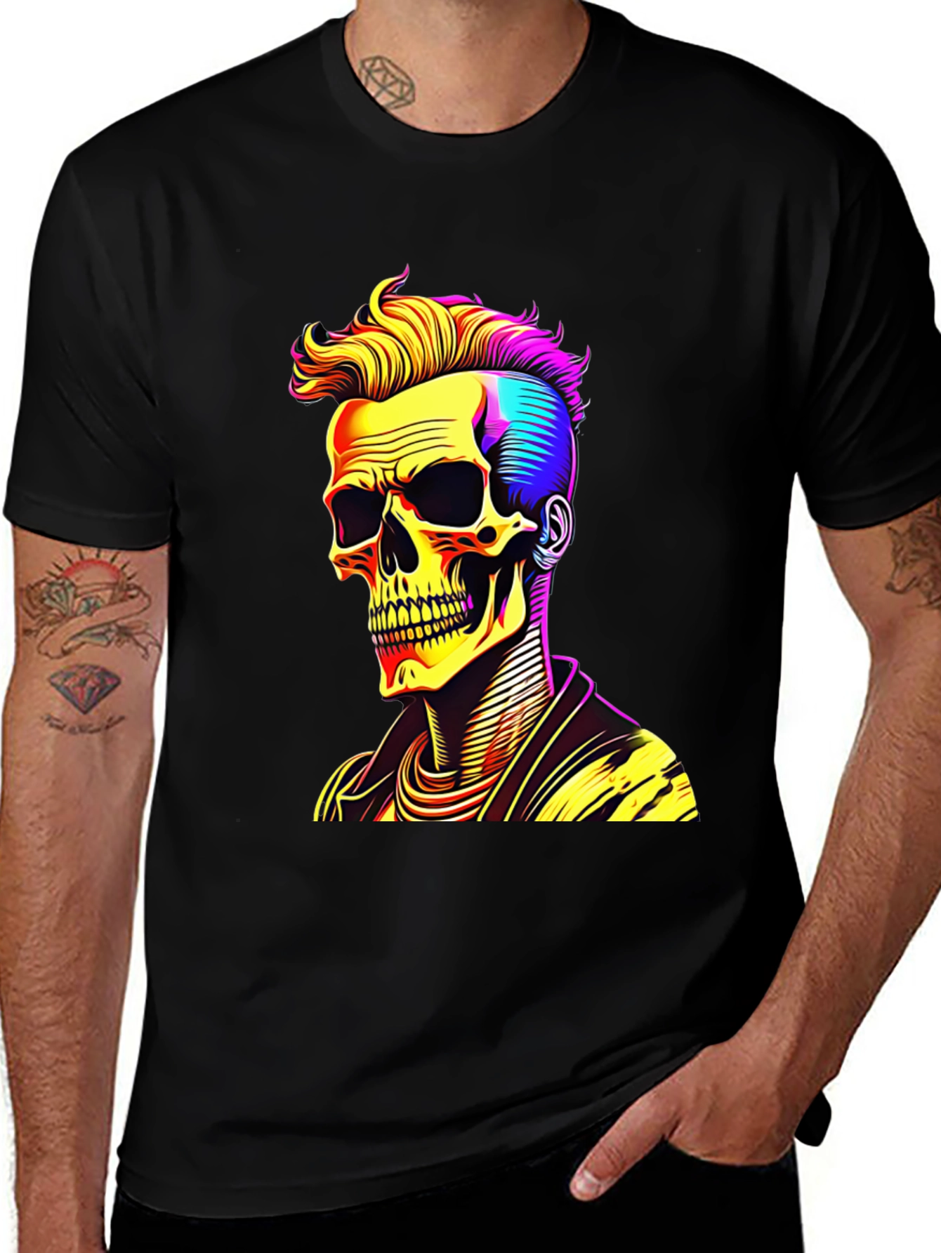 Variant 26 of Skull with Punk Hairdo Black T-Shirt