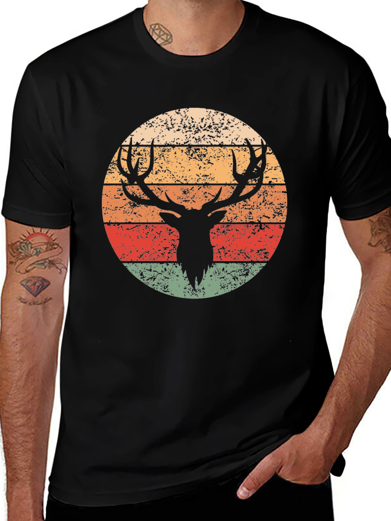 Variant 19 of Retro Deer Graphic T-Shirt - Black Crew Neck