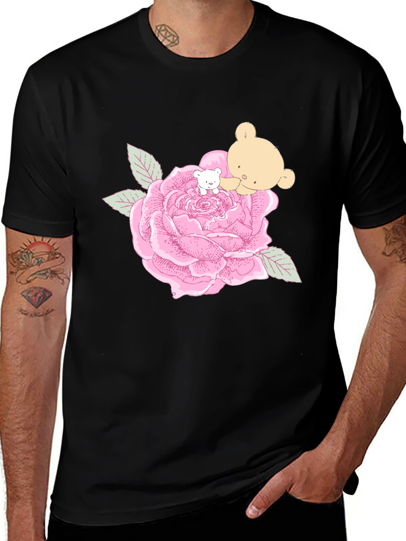 Variant 11 of Floral Bear Graphic Tee - Black Cotton Shirt