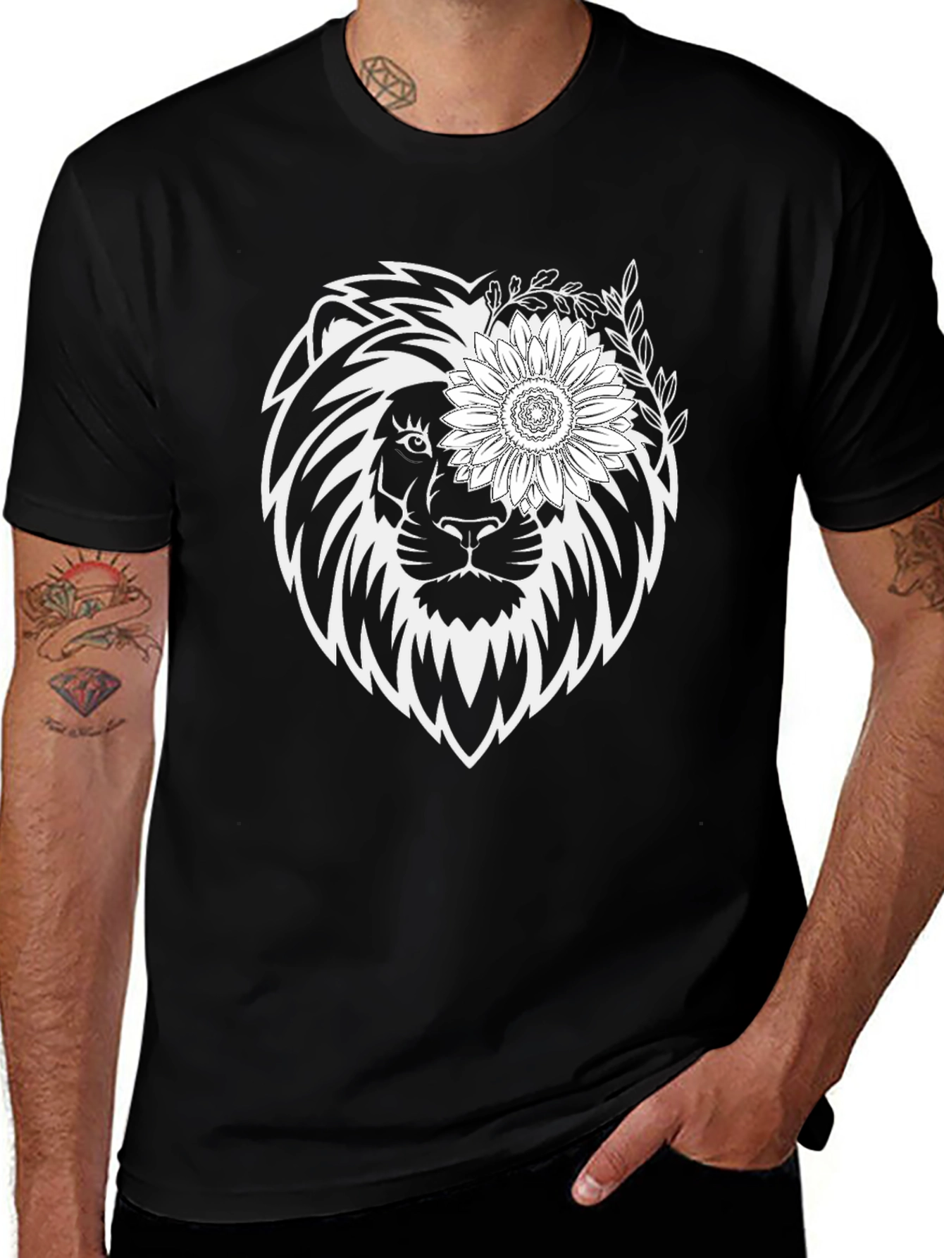Variant 22 of Lion Sunflower Graphic Tee - Stylish Unisex Black T-Shirt