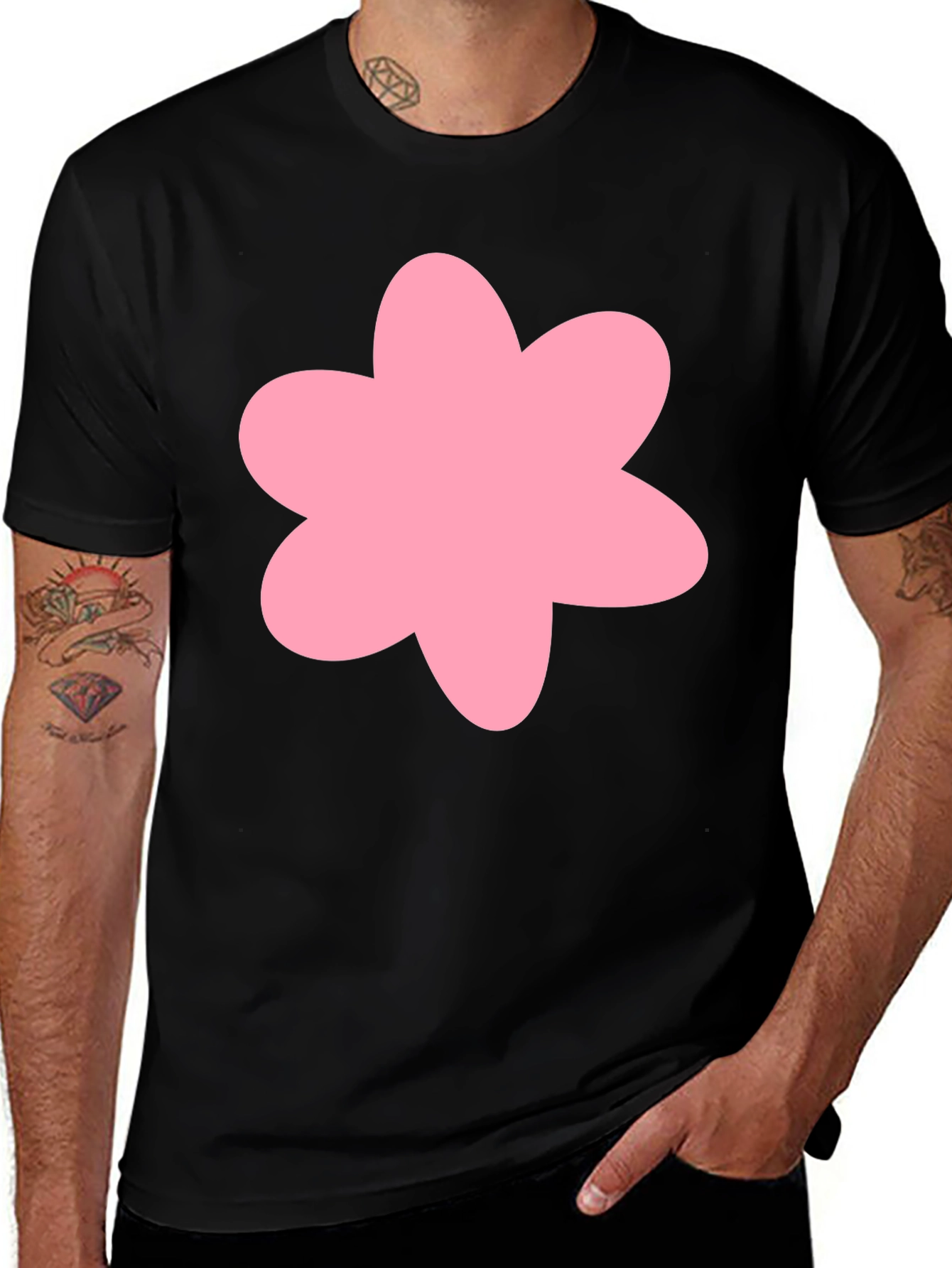 Pink Flower Graphic Black T-Shirt