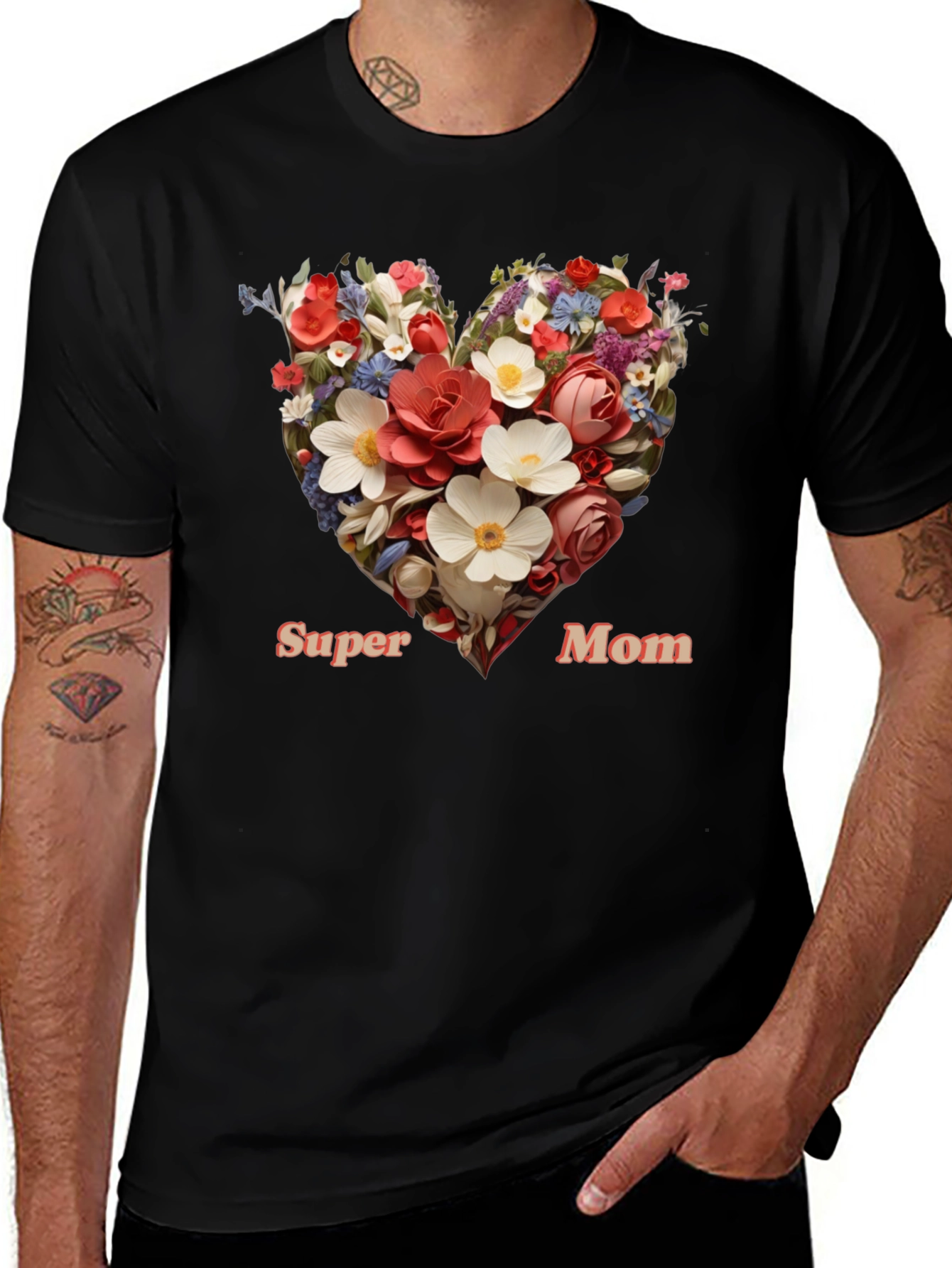 Variant 11 of Super Mom Floral Heart Graphic Tee - Black