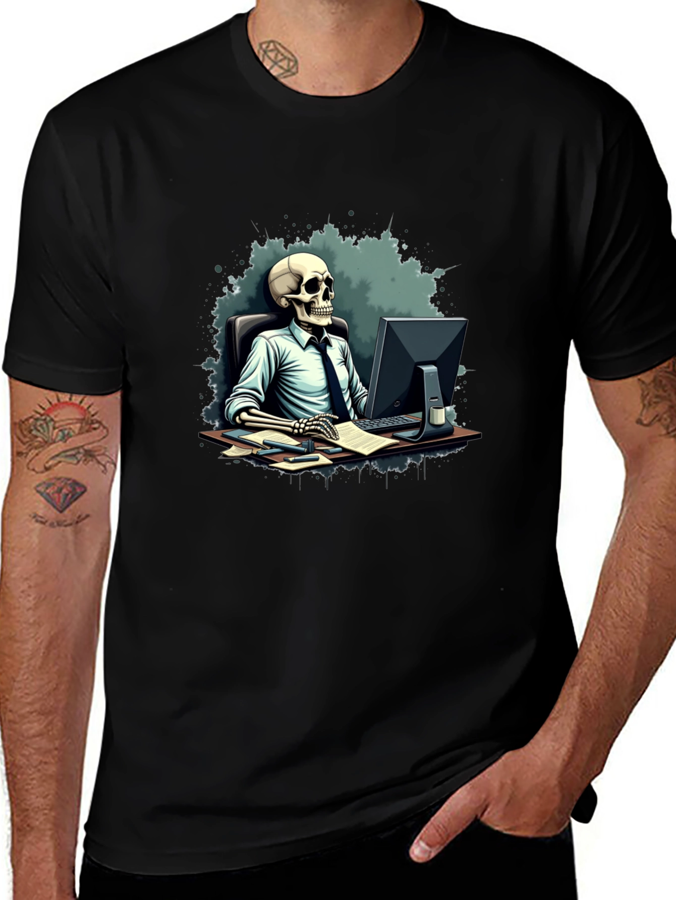 Variant 9 of Skeleton Office Worker Black T-Shirt
