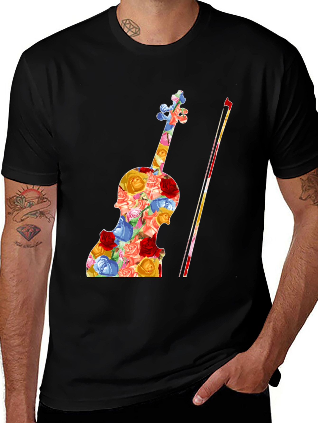Floral Violin Black T-Shirt