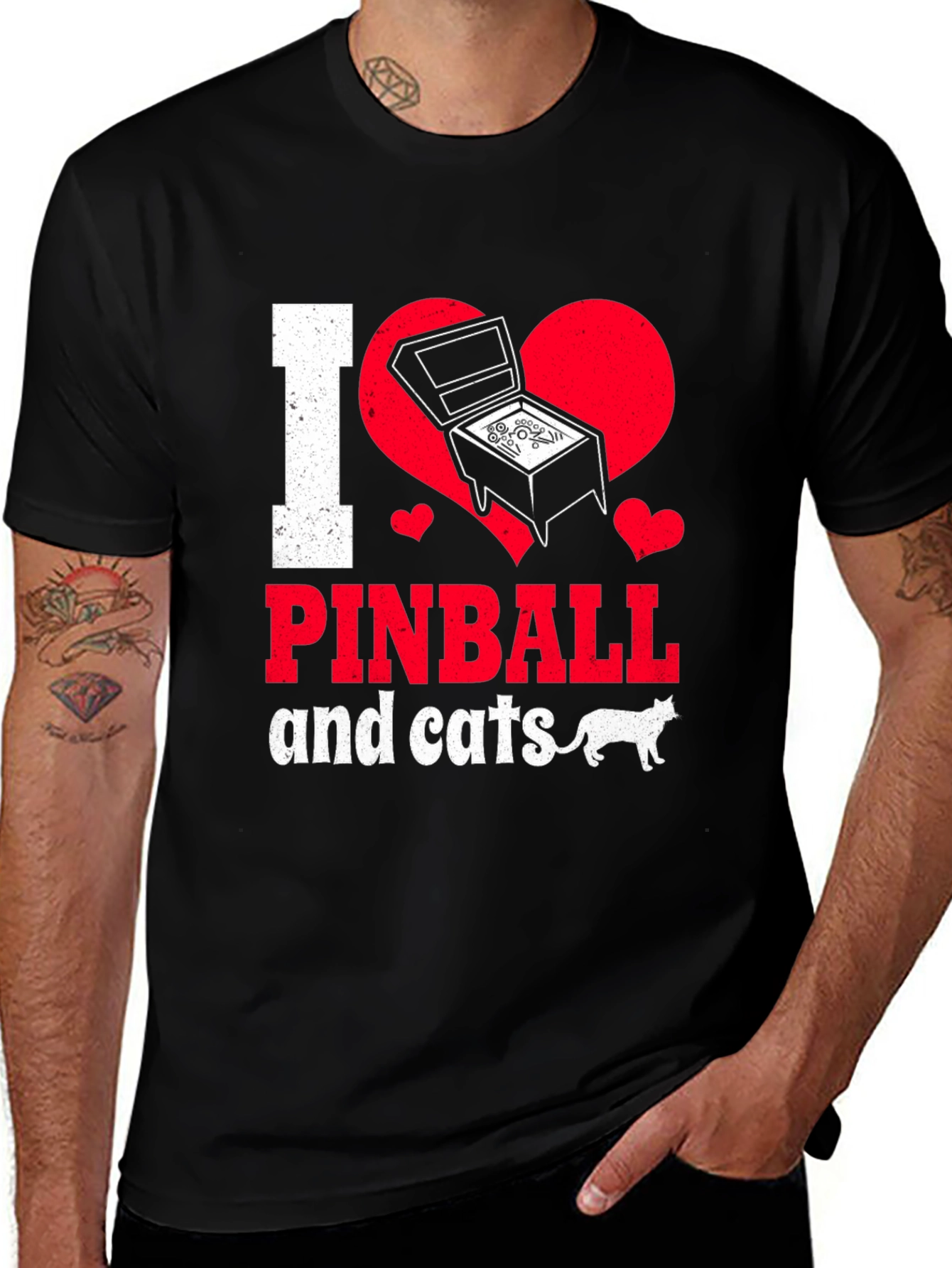 Black I Love Pinball and Cats Graphic T-Shirt main image