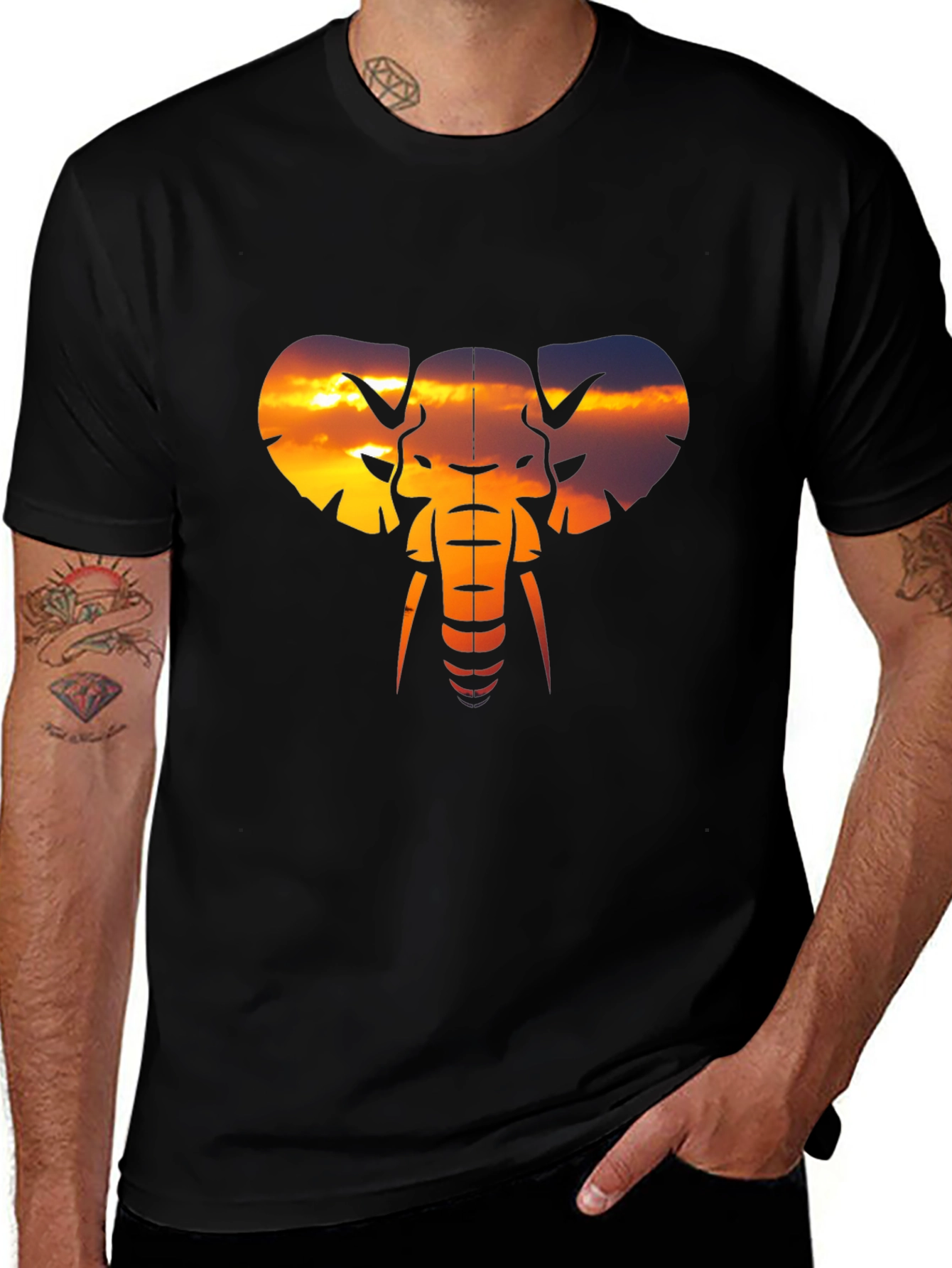 Variant 30 of Sunset Elephant Graphic Tee - Black Cotton Comfort