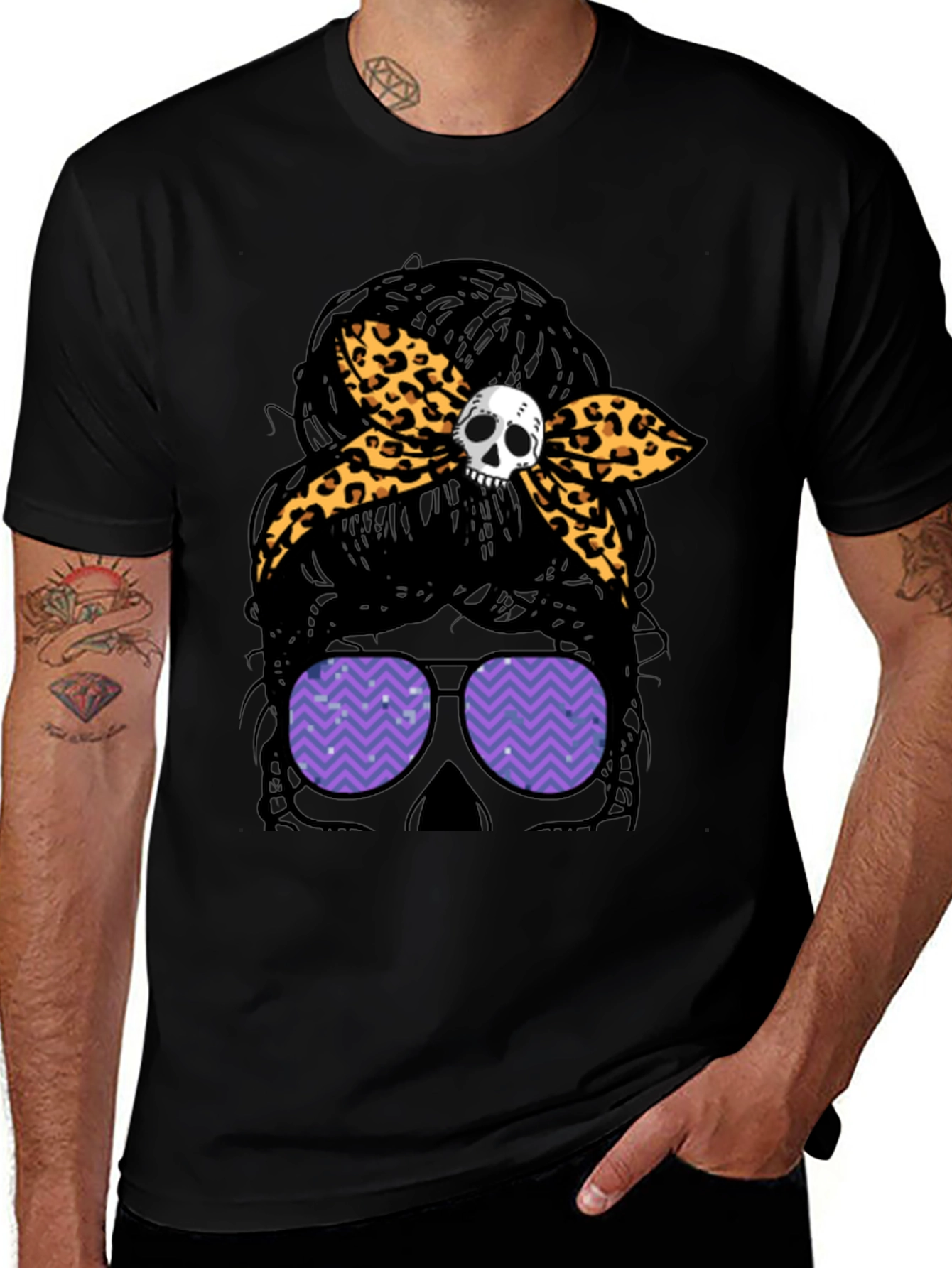 Variant 29 of Messy Bun Skull Leopard Bow T-Shirt