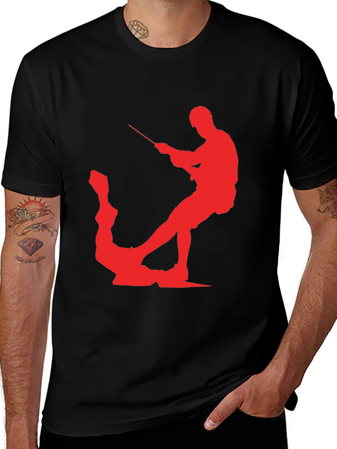Variant 29 of Cool Watersports Tee: Black T-Shirt with Red Silhouette