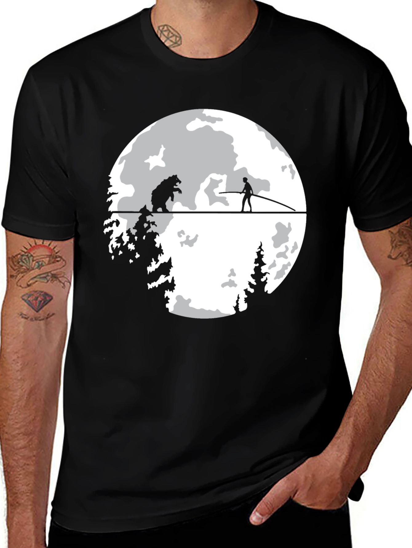 Variant 27 of Bear & Man on Moon T-Shirt - Black Graphic Tee