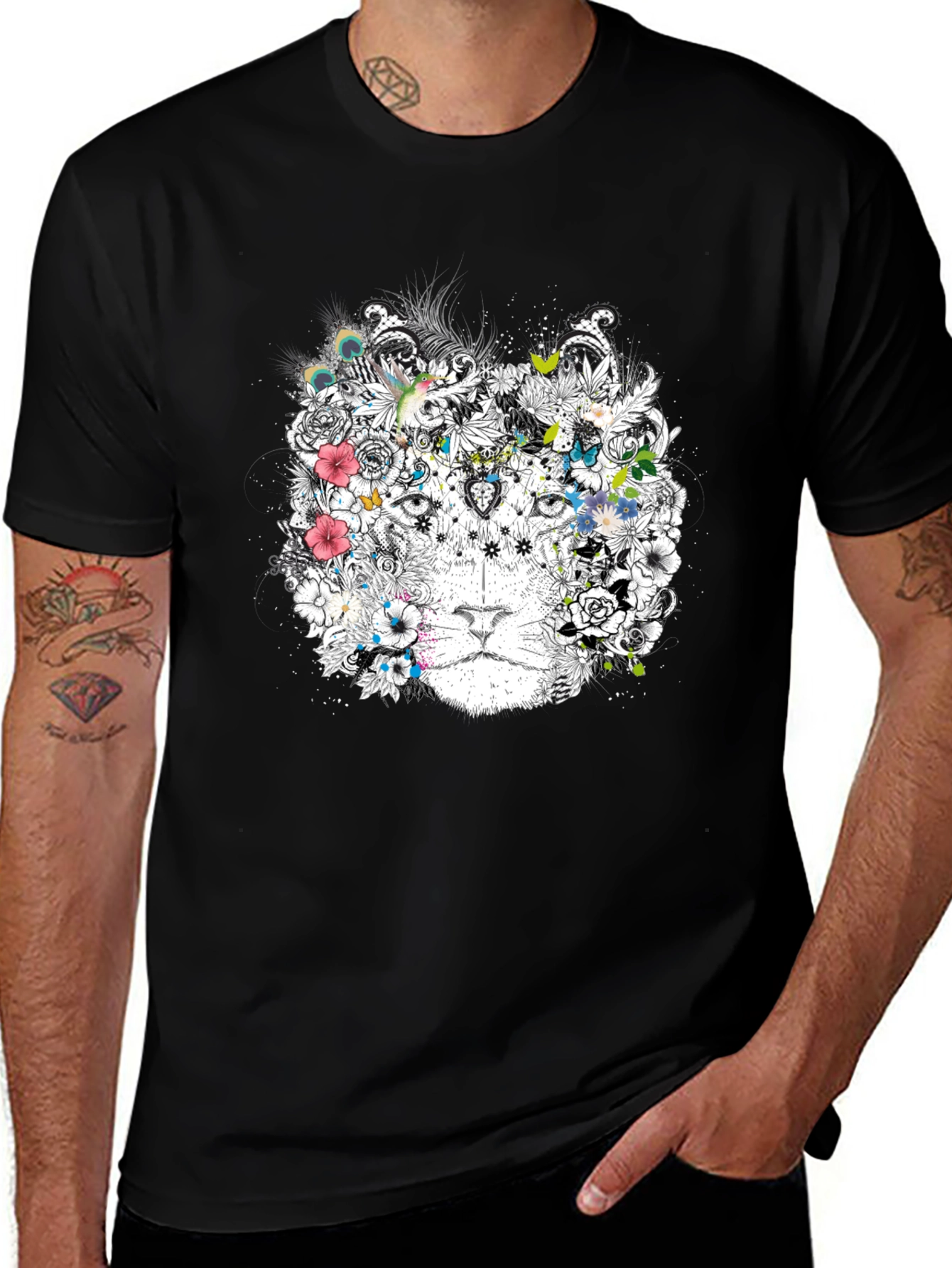 Black Floral Lion Graphic Black T-Shirt main image
