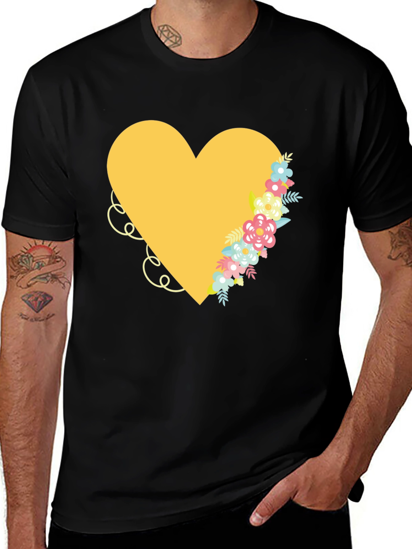 Variant 16 of Floral Heart Graphic Tee - Trendy Black T-Shirt