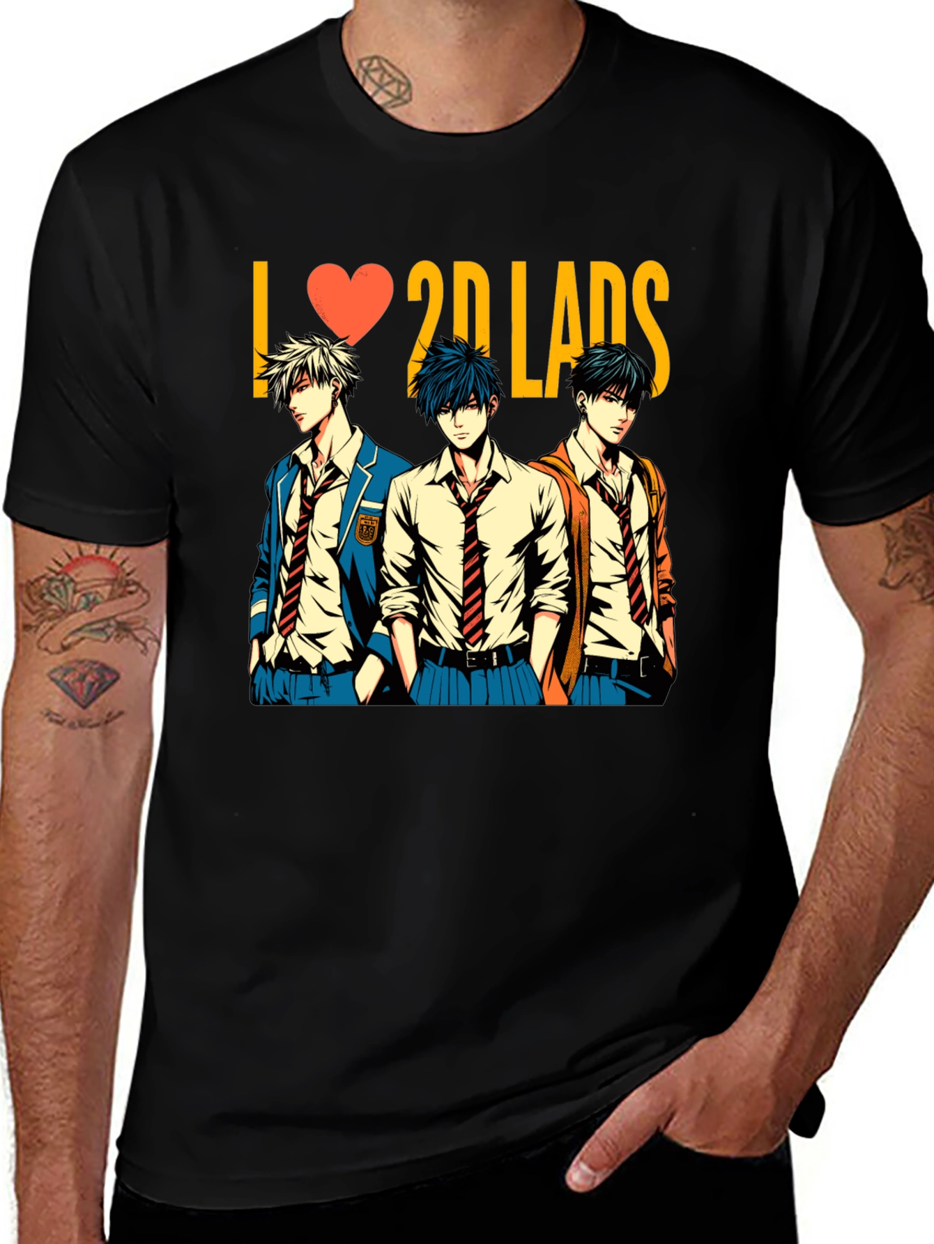 Black I Love 2D Lads Anime Graphic Tee - Black main image