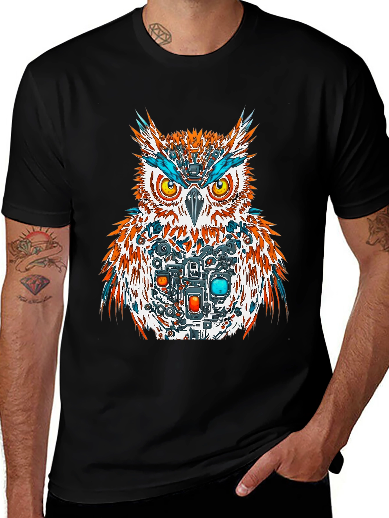 Variant 20 of Steampunk Owl Graphic Print Black T-Shirt