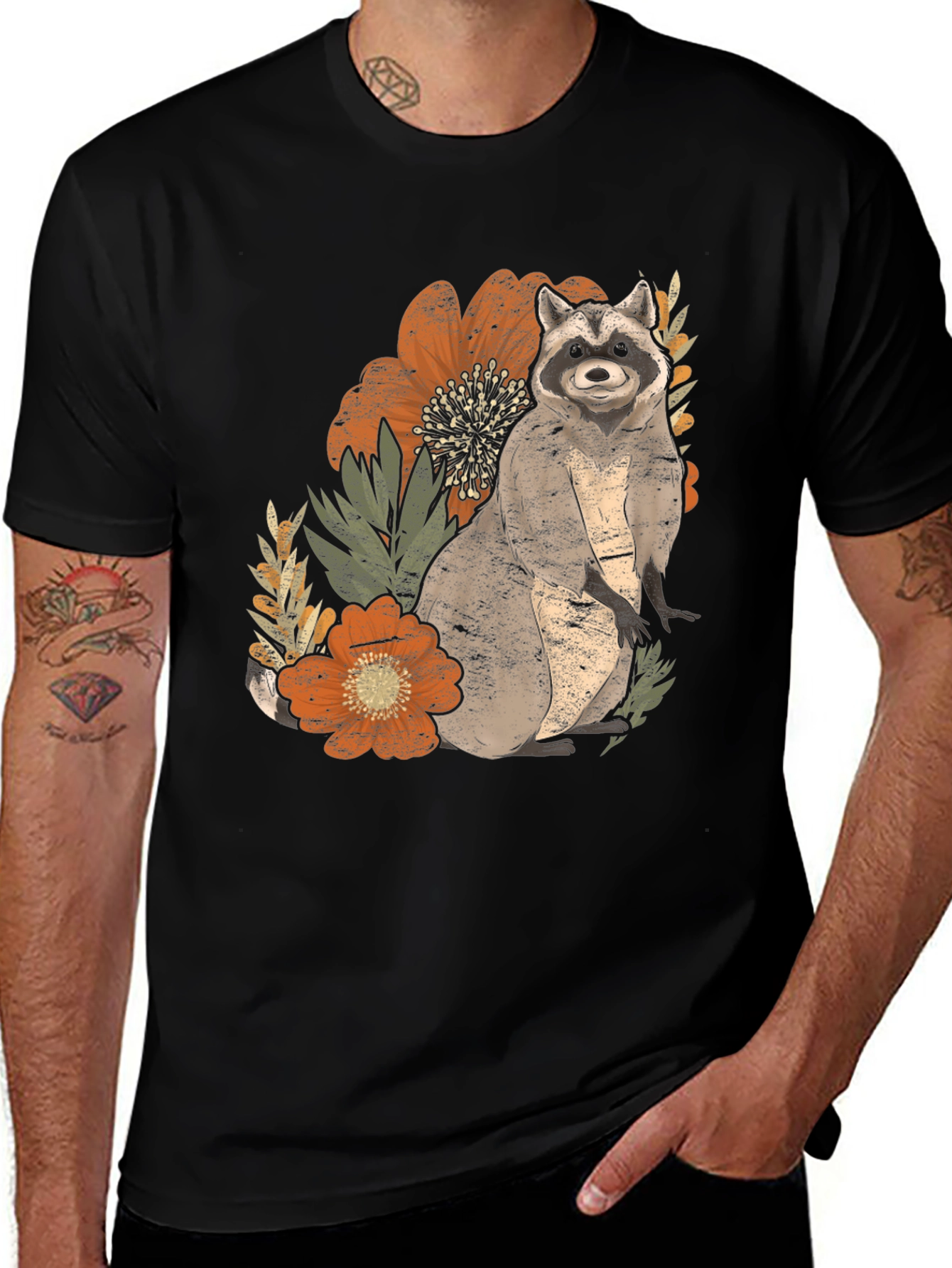 Variant 14 of Raccoon Floral Print T-Shirt - Casual Wildlife Tee