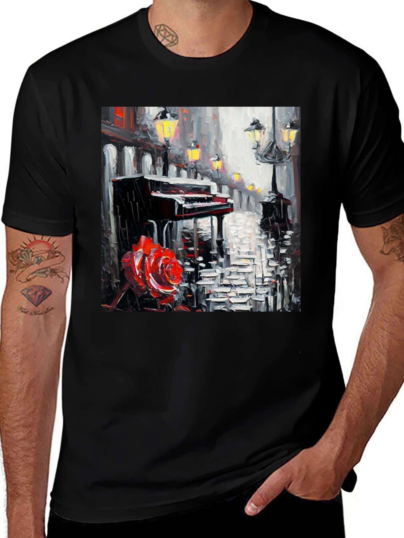 Piano & Rose Graphic Tee - Artistic Black T-Shirt