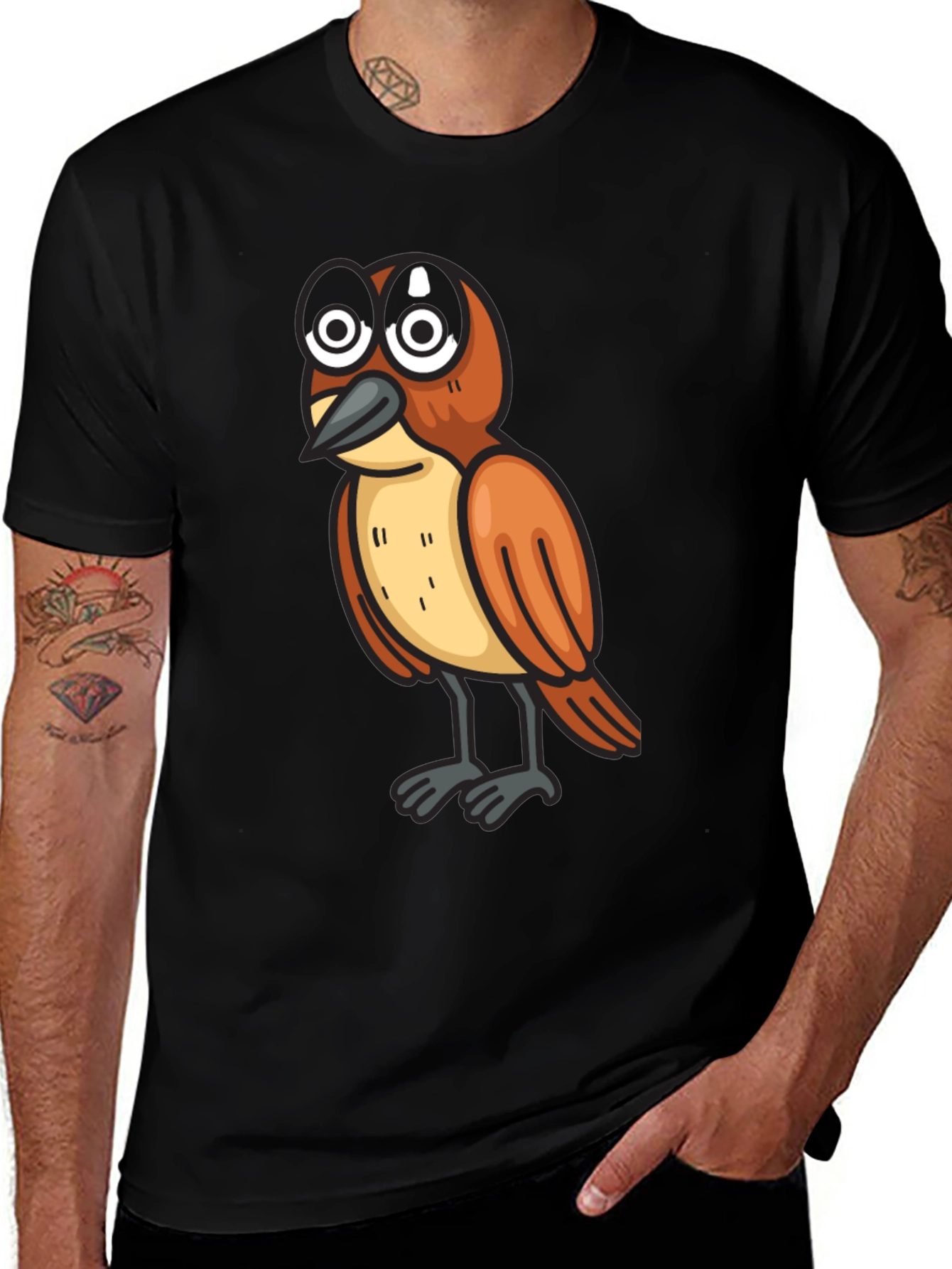 Variant 18 of Cartoon Bird Graphic Tee - Black Cotton T-Shirt