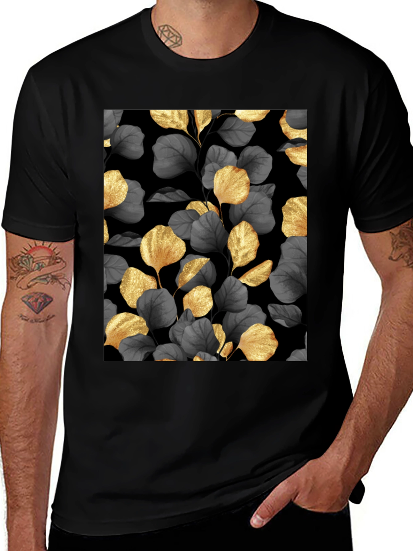 Variant 19 of Elegant Gold Leaf Print Black T-Shirt