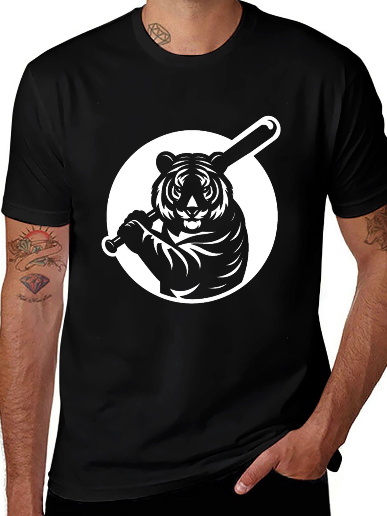 Variant 18 of Tiger Baseball Graphic Tee - Black Cotton T-Shirt