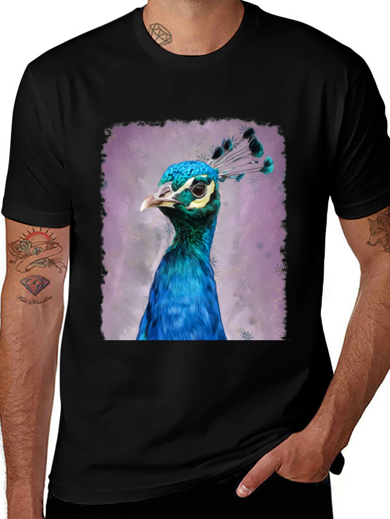 Black Peacock Portrait Graphic Tee - Black Cotton T-Shirt main image