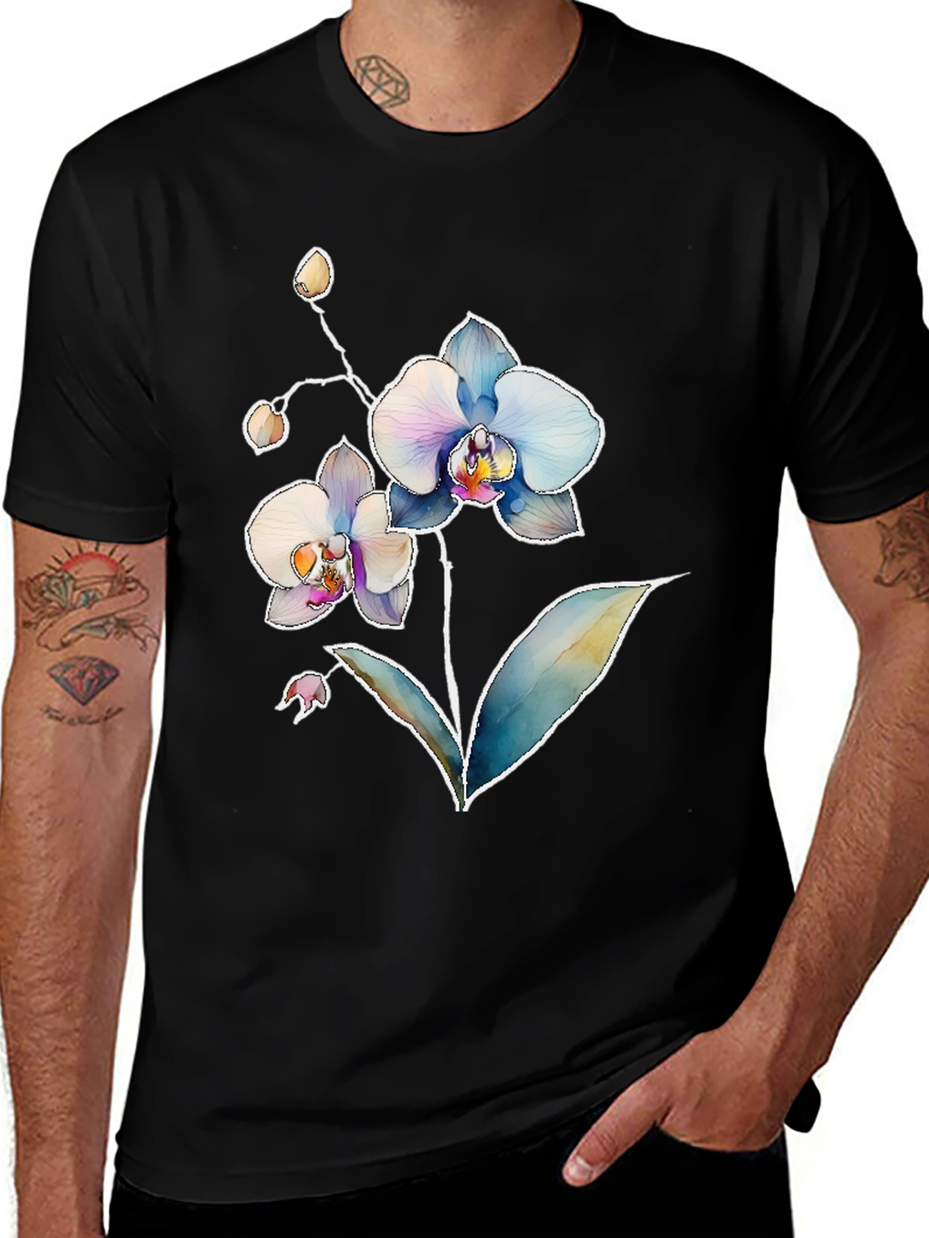 Variant 25 of Floral Orchid Print Men's Black T-Shirt