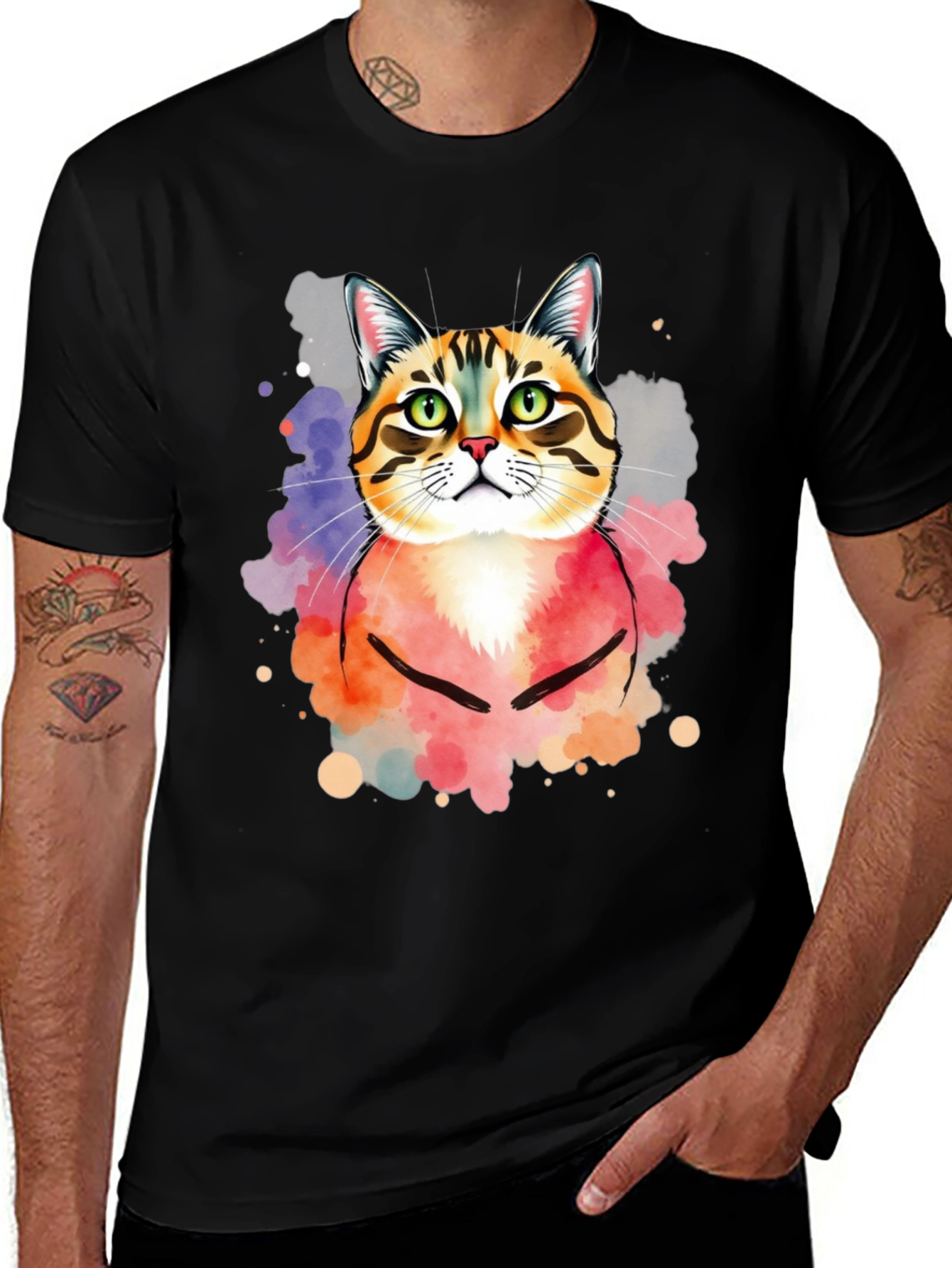 Variant 30 of Watercolor Cat Graphic Black T-Shirt