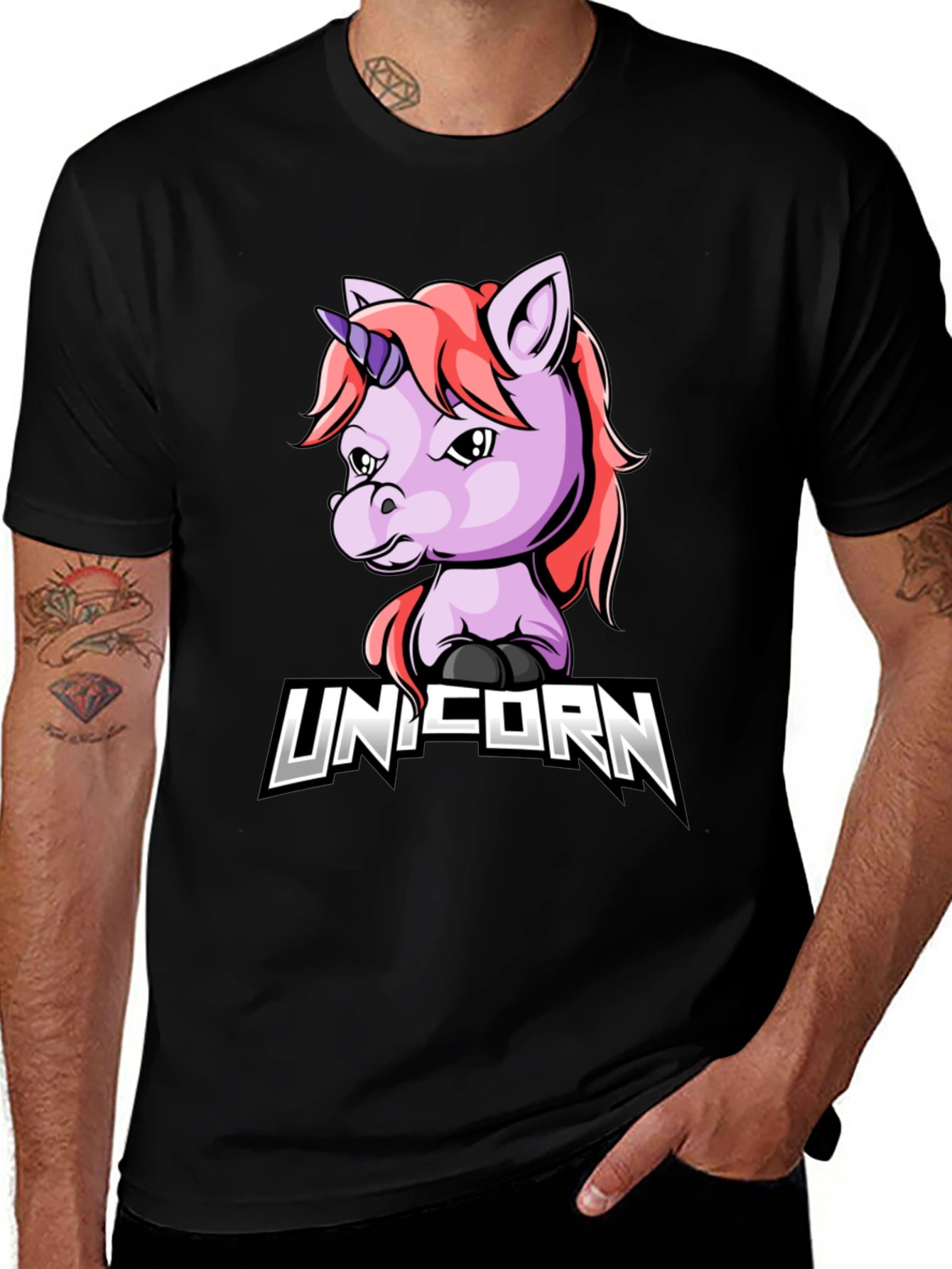 Variant 17 of Unicorn Cartoon Graphic Black T-Shirt