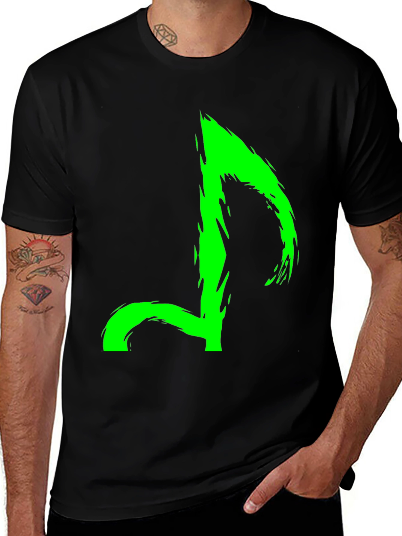 Variant 2 of Neon Green Music Note Graphic Black T-Shirt