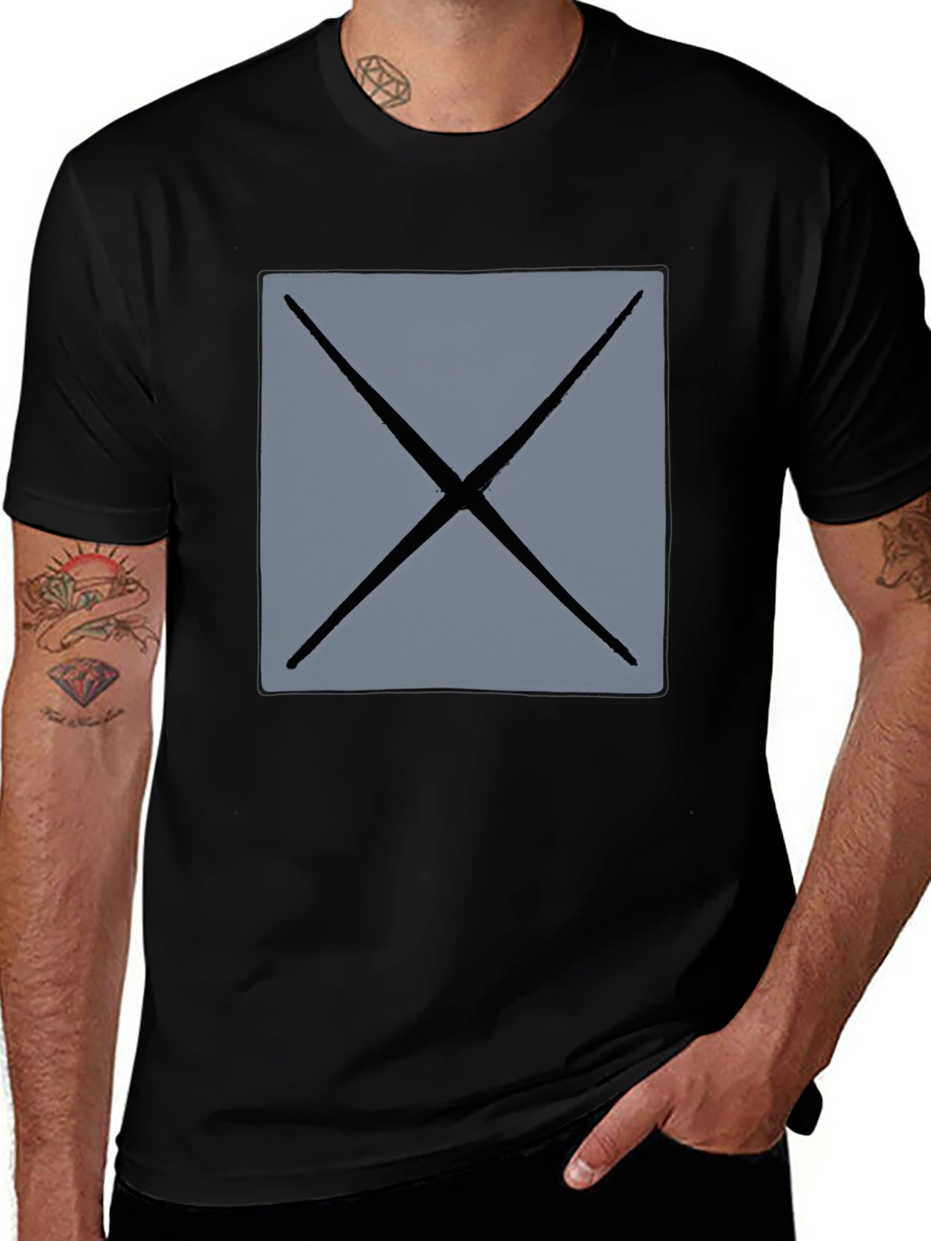 Variant 15 of Men's Black T-Shirt with Geometric Gray X Design