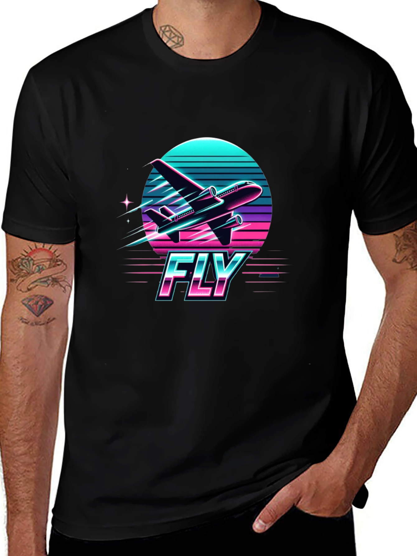 Retro Airplane Fly Graphic Tee - Black Cotton T-Shirt