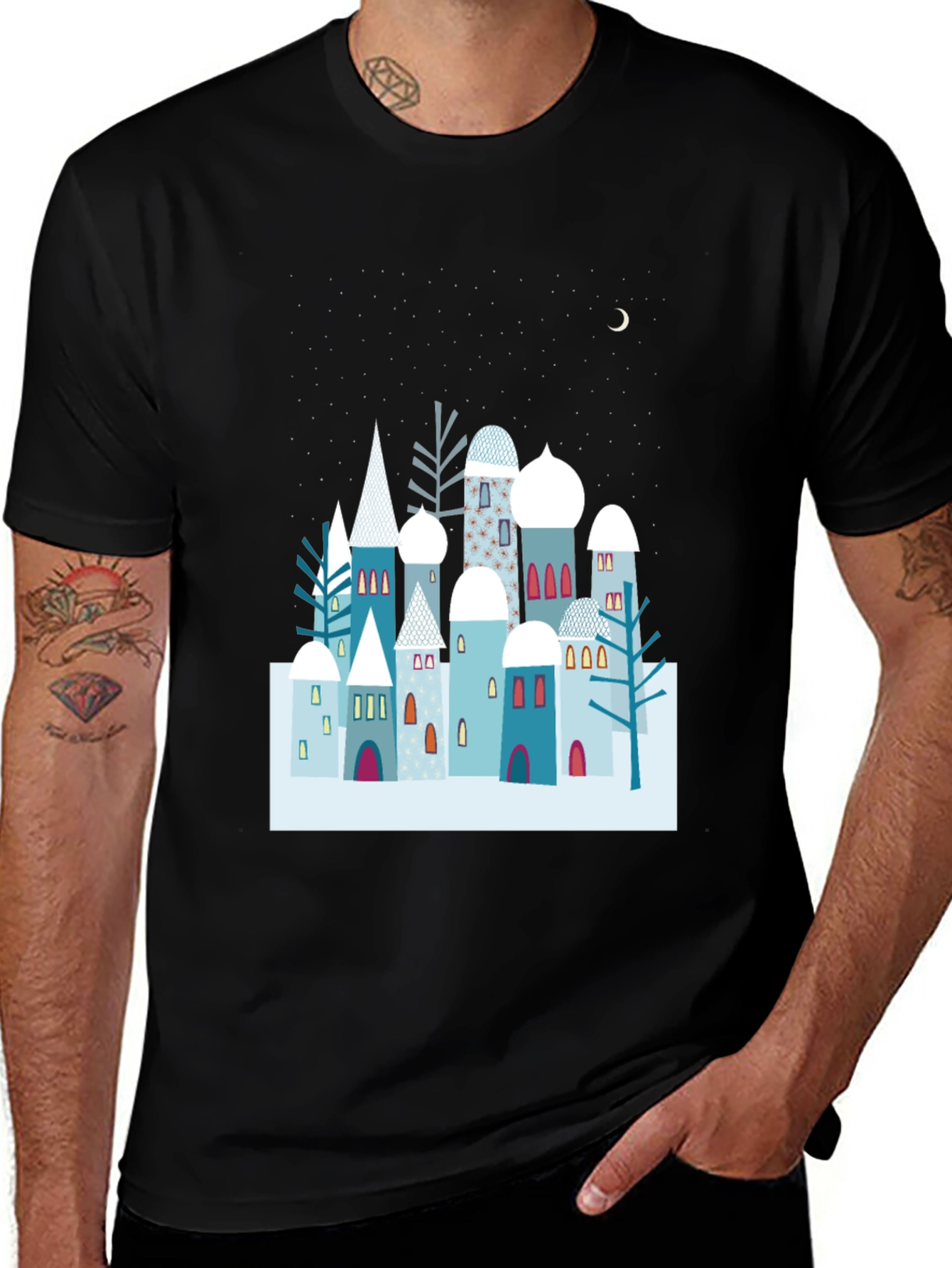 Black Winter Village Graphic Tee - Unique Design, Soft Cotton main image