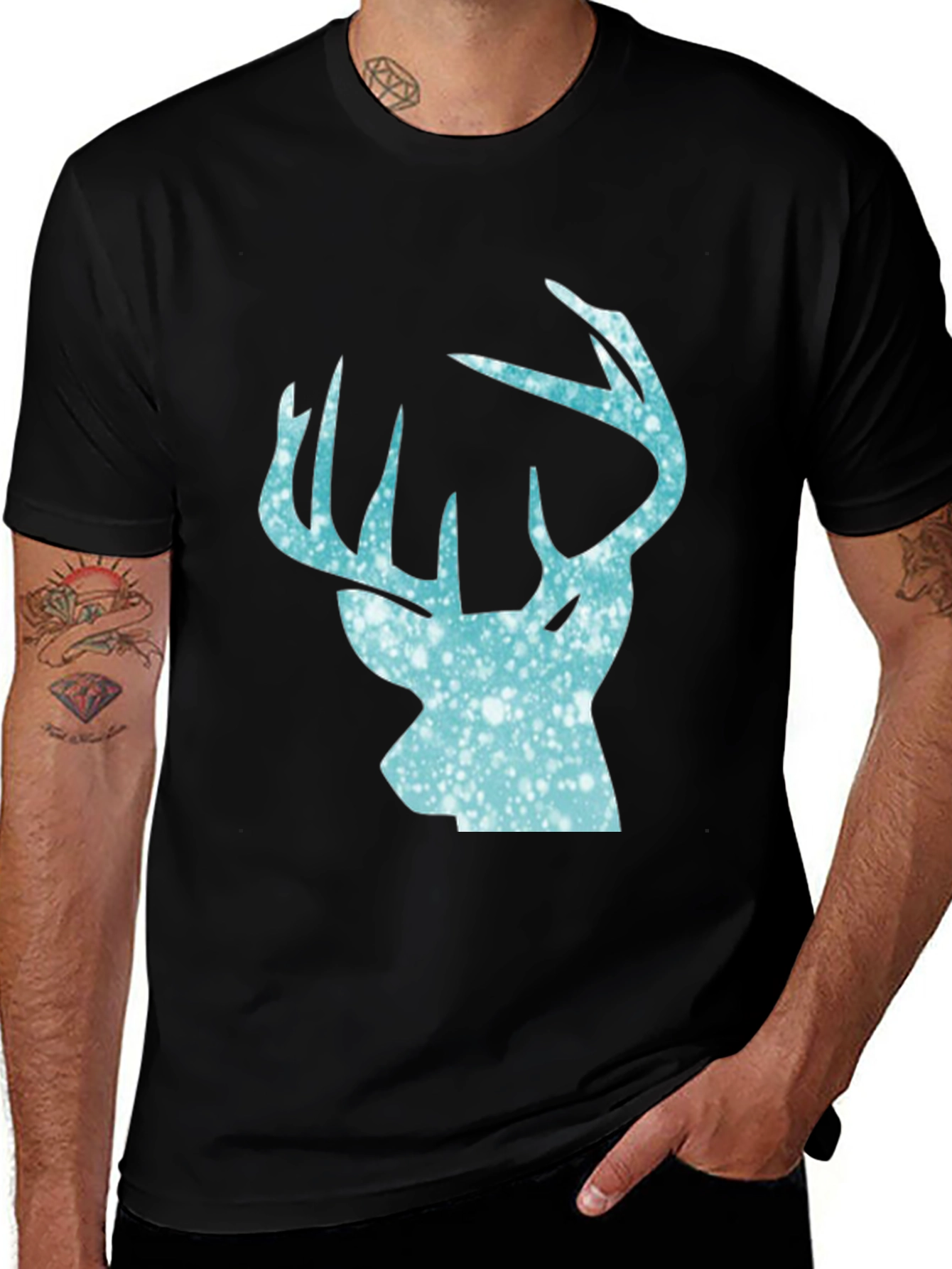 Variant 11 of Men's Black T-Shirt with Deer Head Print