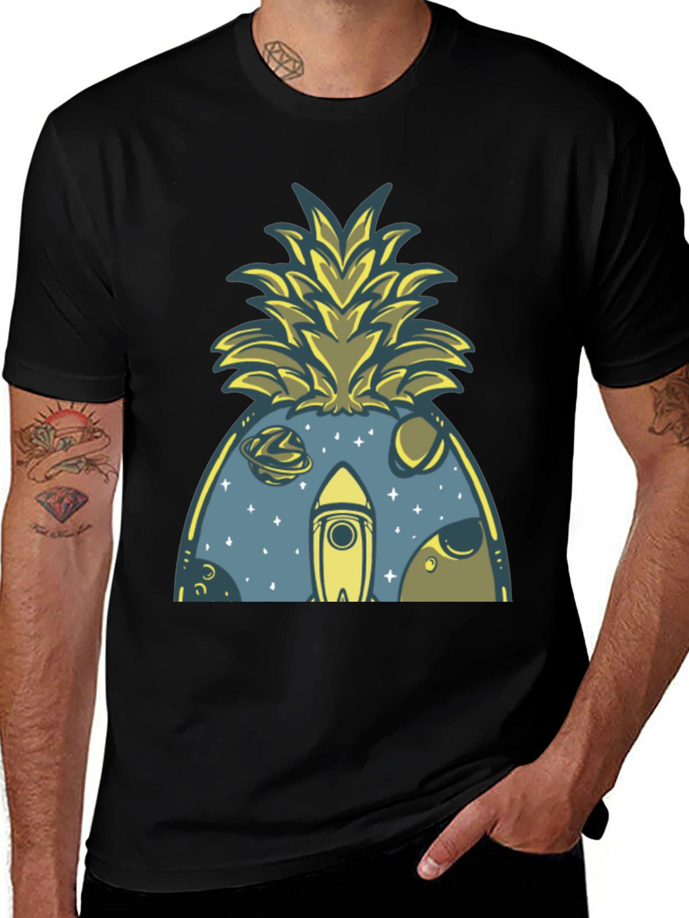 Variant 9 of Space Pineapple Graphic Tee - Black Cotton Blend