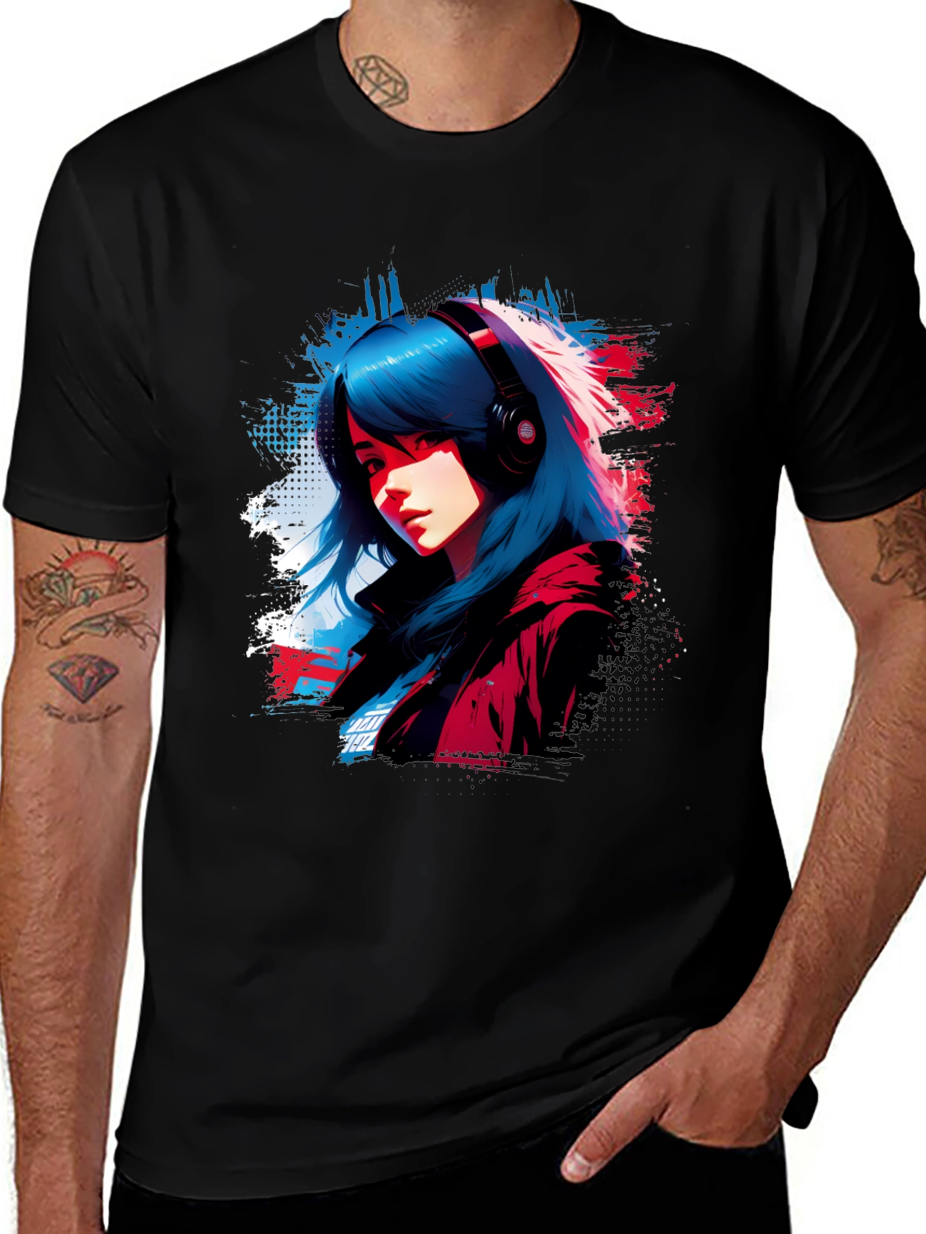 Variant 22 of Anime Girl Headphones Graphic Black T-Shirt