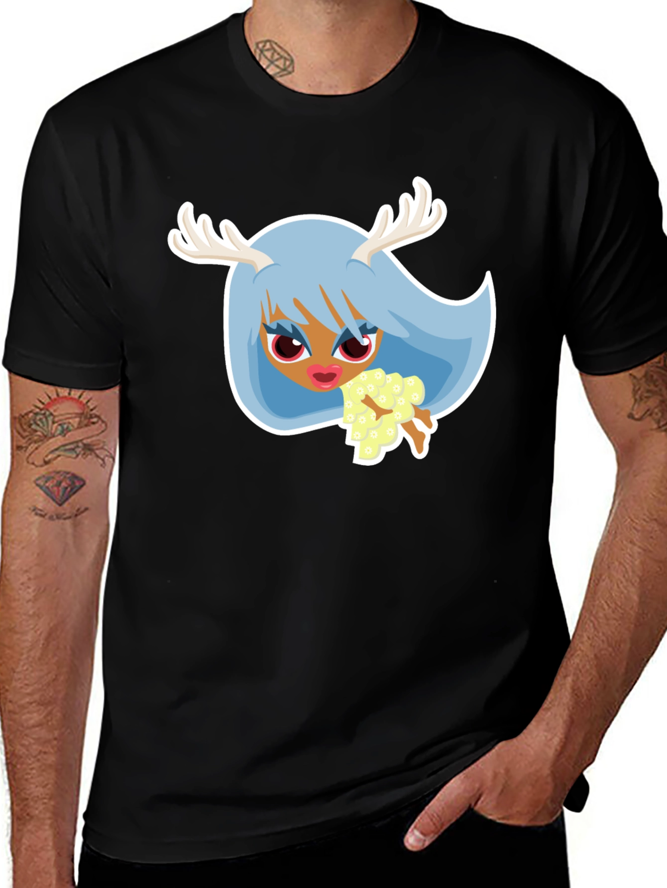 Variant 20 of Cartoon Deer Girl Black T-Shirt