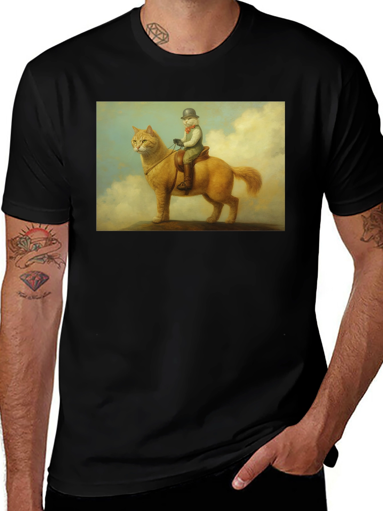 Variant 14 of Cat Rider Tee - Whimsical Art Black T-Shirt