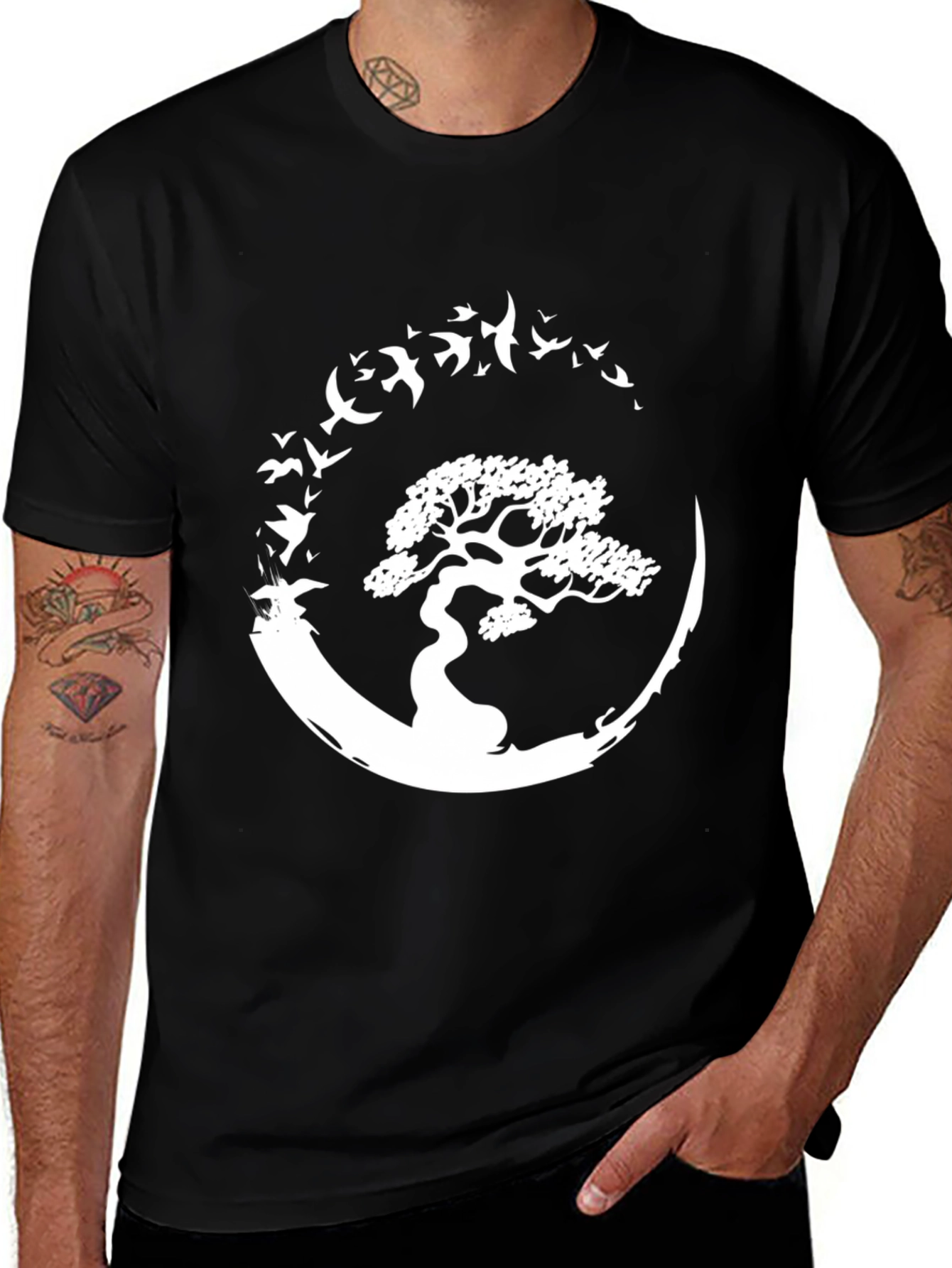 Variant 12 of Bonsai Tree Bird Circle Graphic Black T-Shirt
