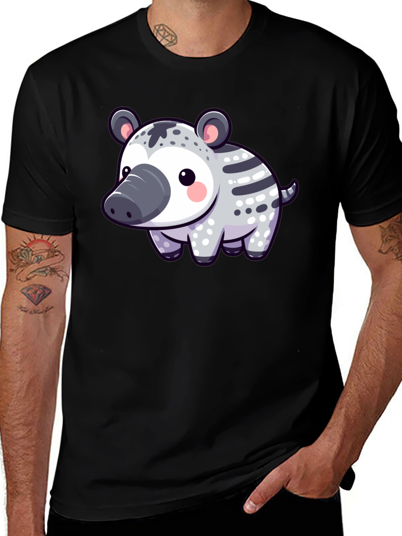 Variant 28 of Cute Tapir Graphic Tee - Black Cotton T-Shirt