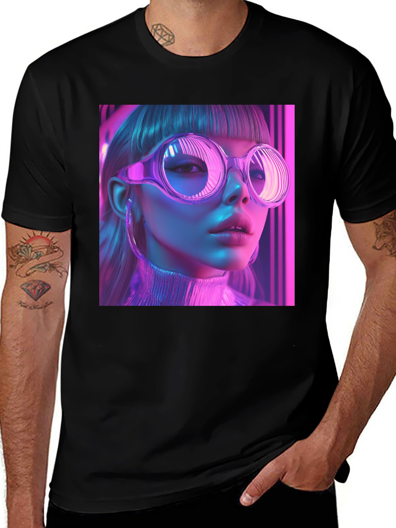 Variant 29 of Neon Cyberpunk Girl Graphic Tee - Stylish Black T-Shirt