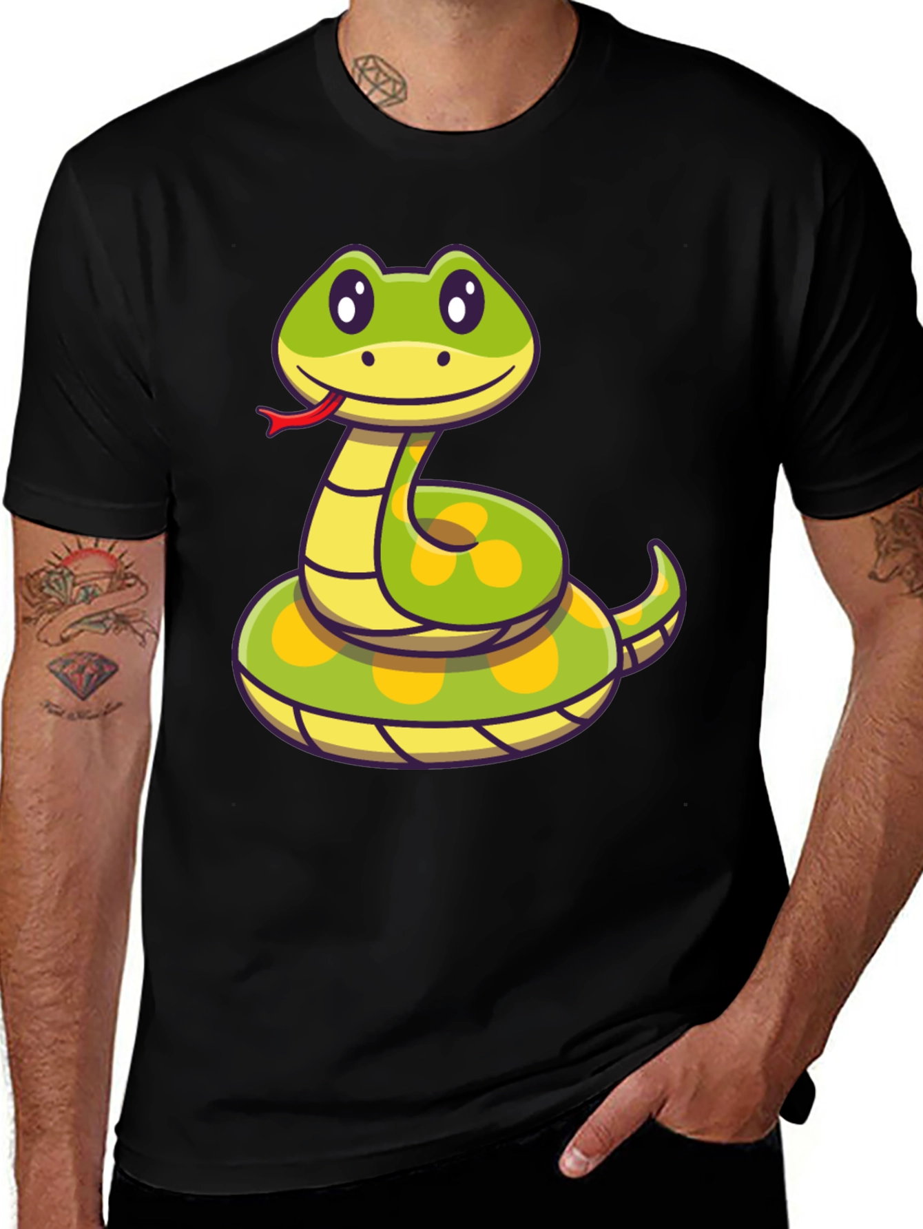 Variant 28 of Cute Cartoon Snake T-Shirt - Black Crew Neck Tee