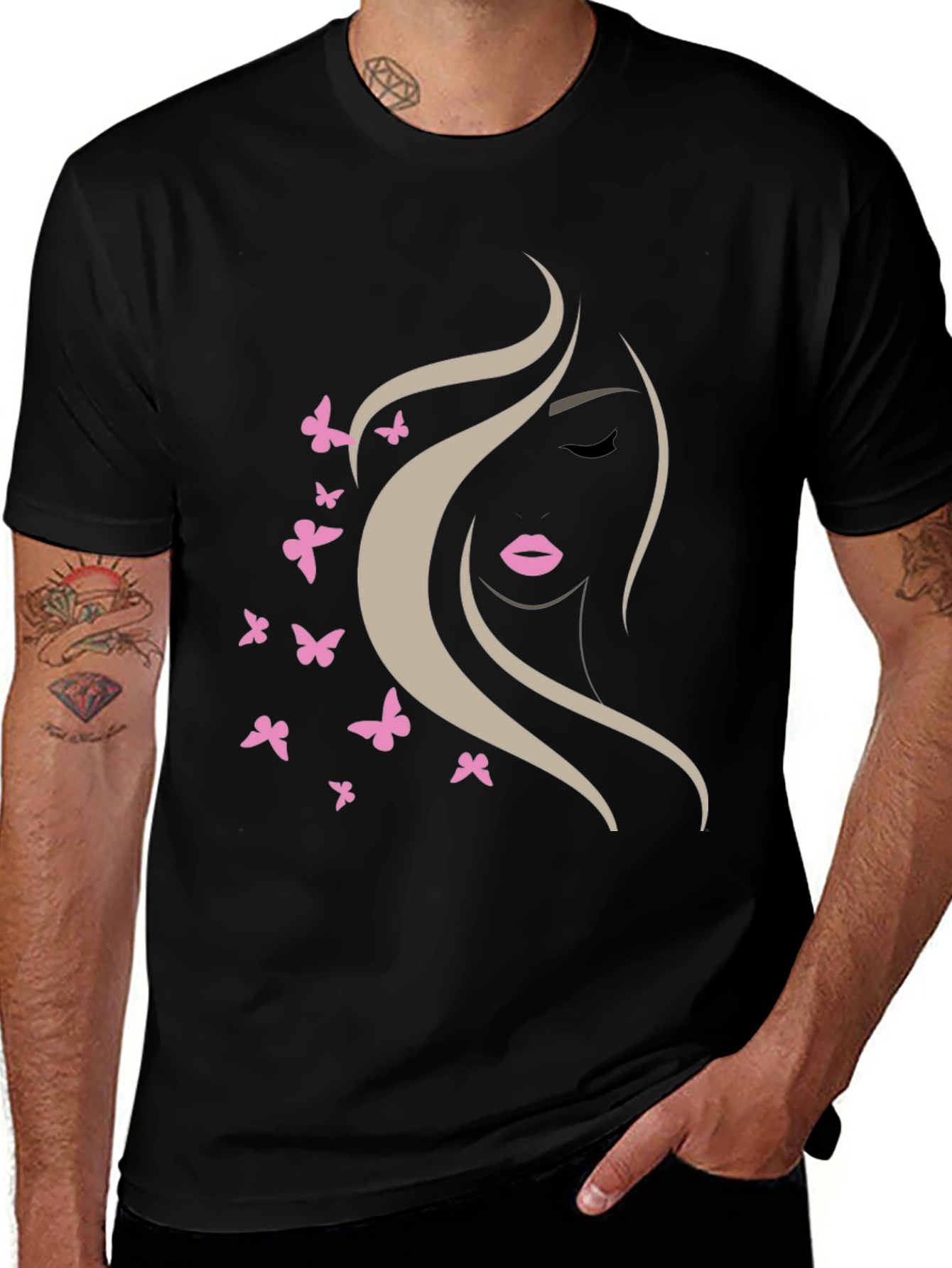 Variant 4 of Elegant Woman & Butterfly Graphic T-Shirt - Stylish Black Tee