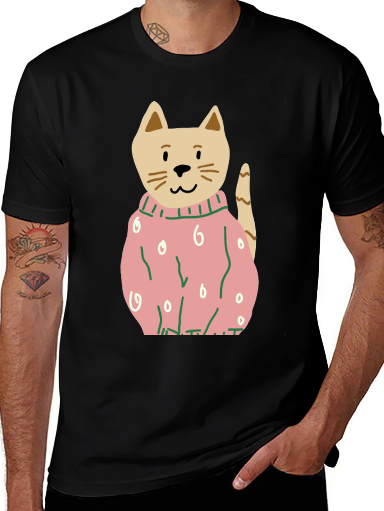 Variant 8 of Cat in Sweater Graphic Tee - Black