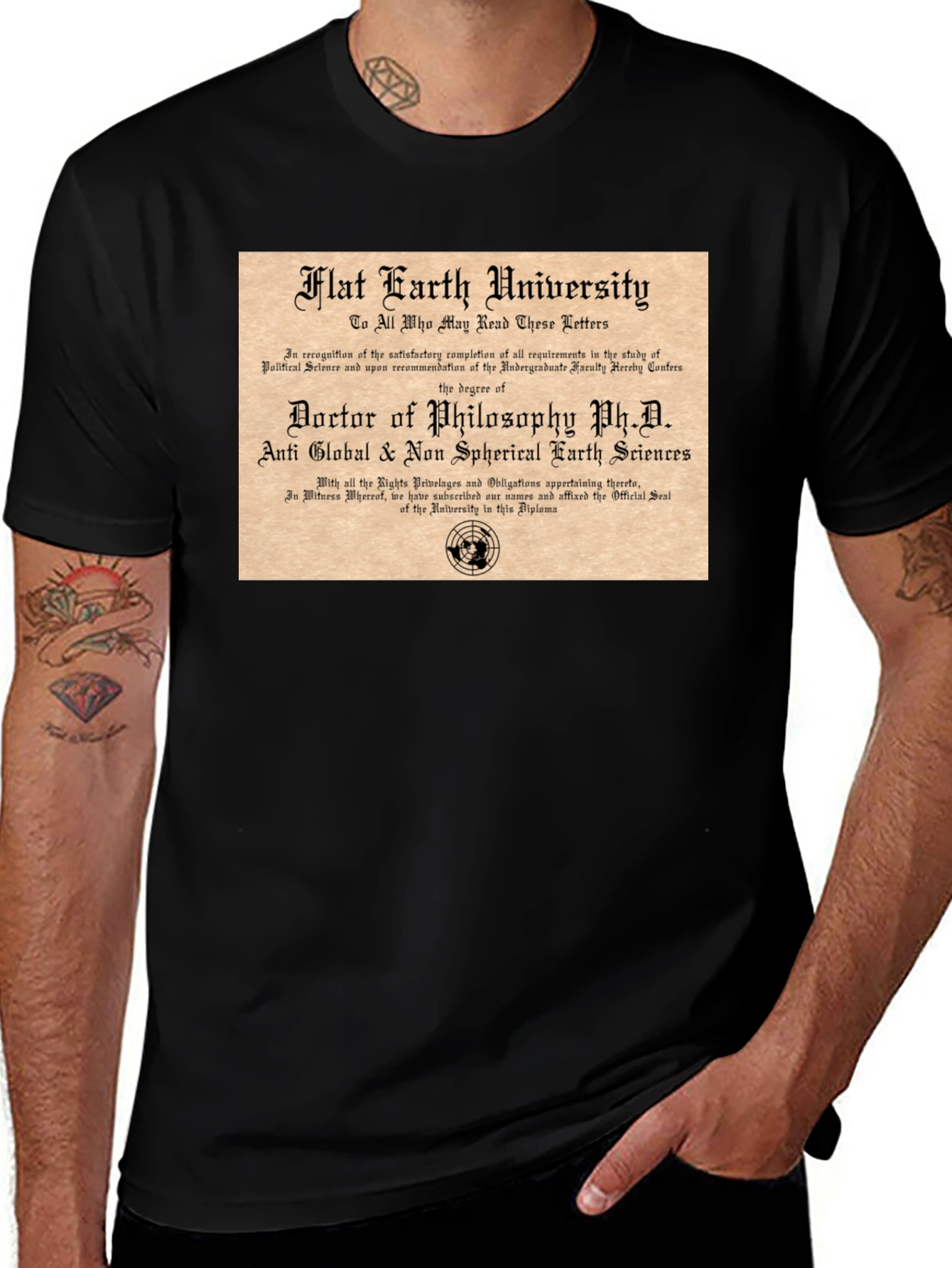 Variant 9 of Flat Earth University PhD T-Shirt